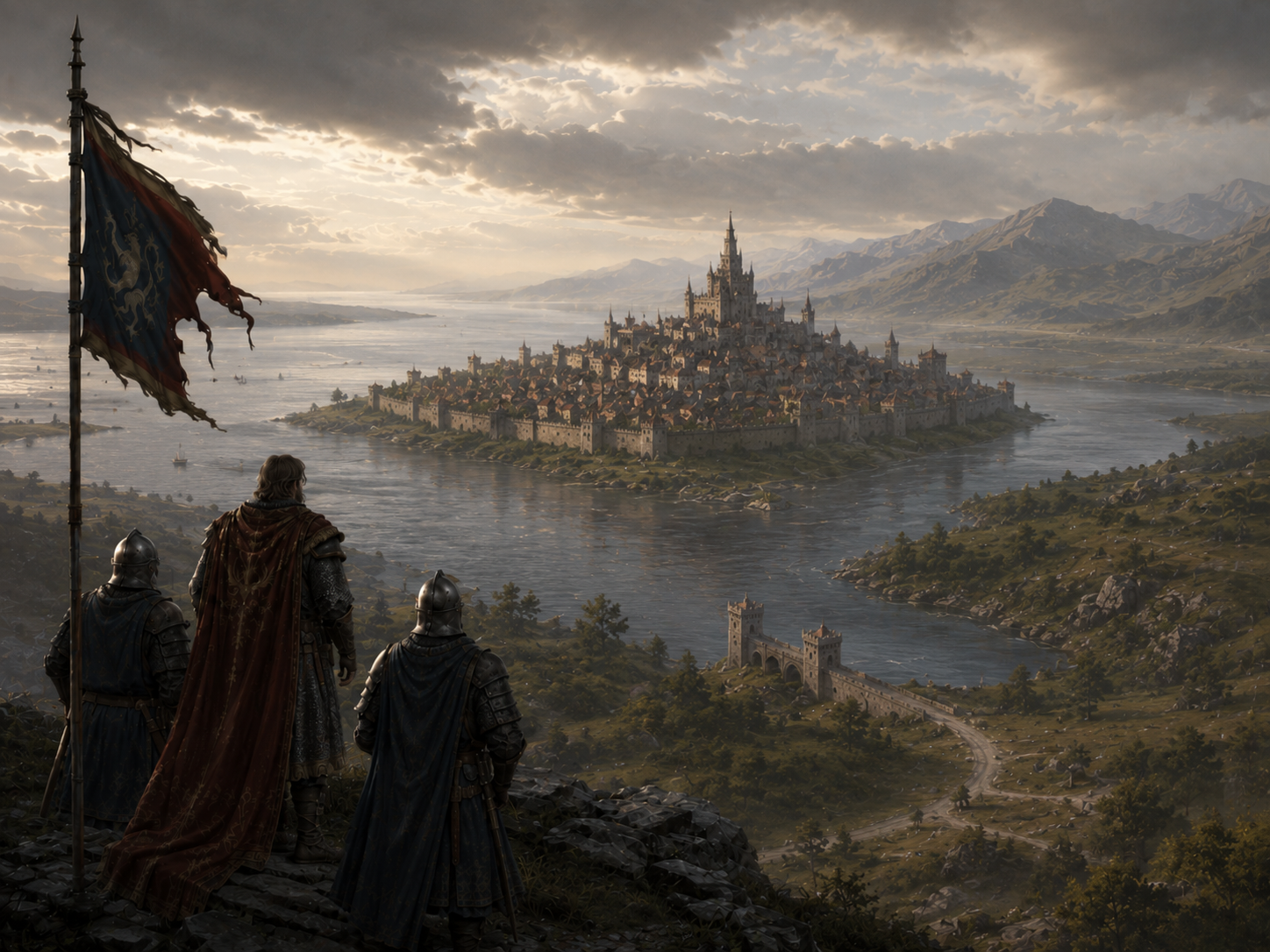 Warriors overlooking a single great fortified city and its surrounding river landscape at the end of the Wars of Dominion