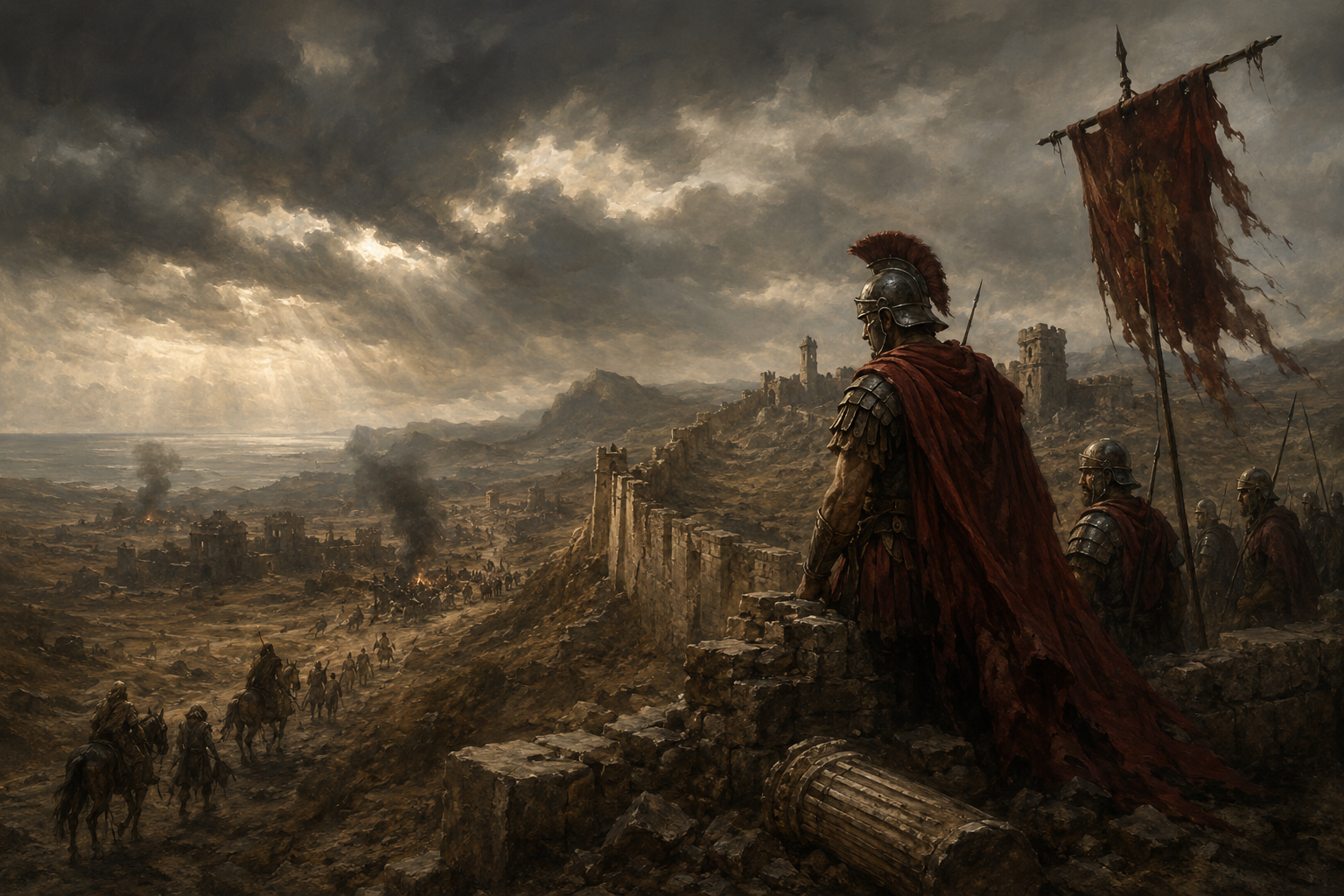 Roman frontier soldiers overlooking a fractured imperial landscape of ruined walls, distant fires and migrating armies