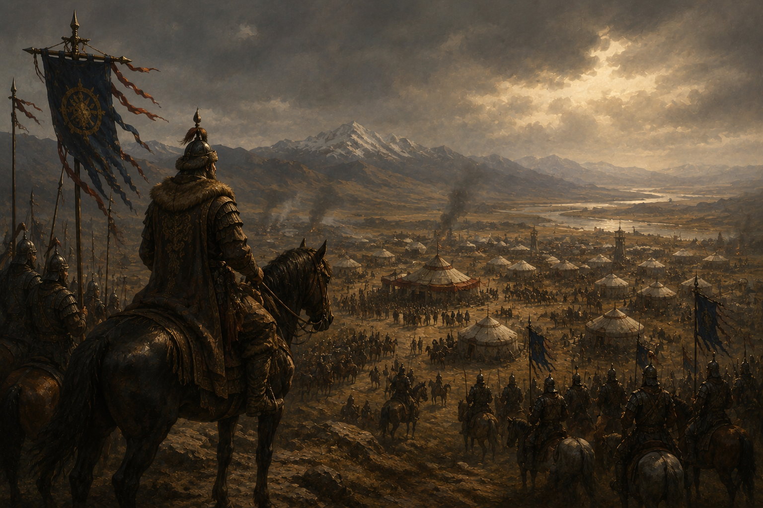 A mounted khagan overlooking a steppe encampment, river routes and distant mountains