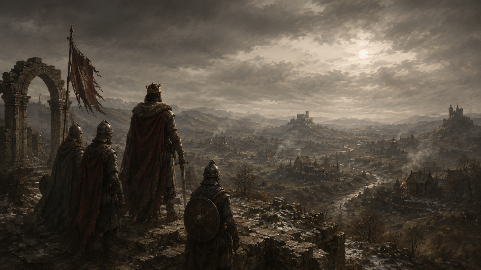 A successor king and warriors overlooking a divided early medieval landscape beneath a dimmed sky