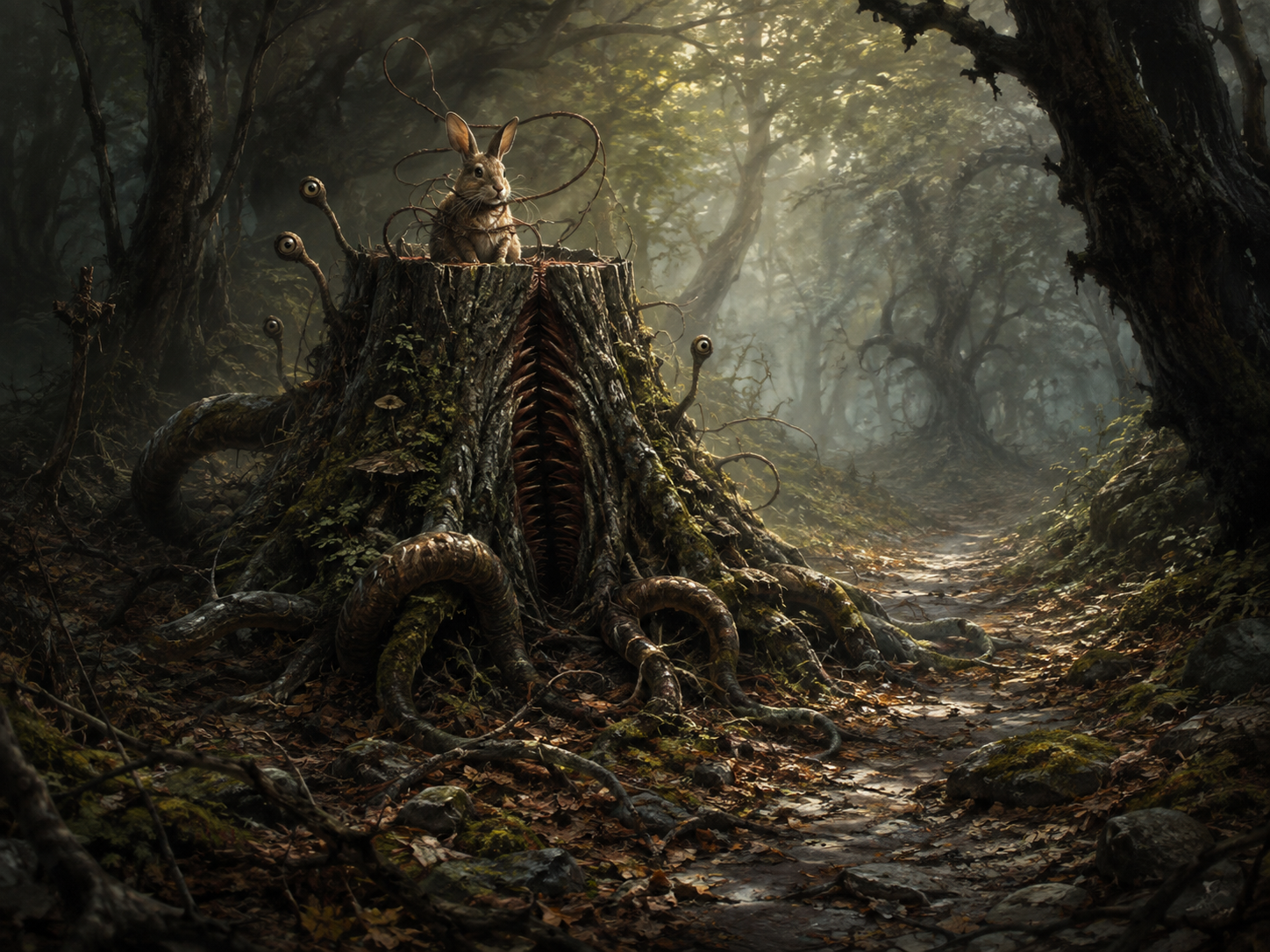 Wolf-in-Sheep’s-Clothing disguised as an old forest stump manipulating a rabbit corpse lure with living tendrils