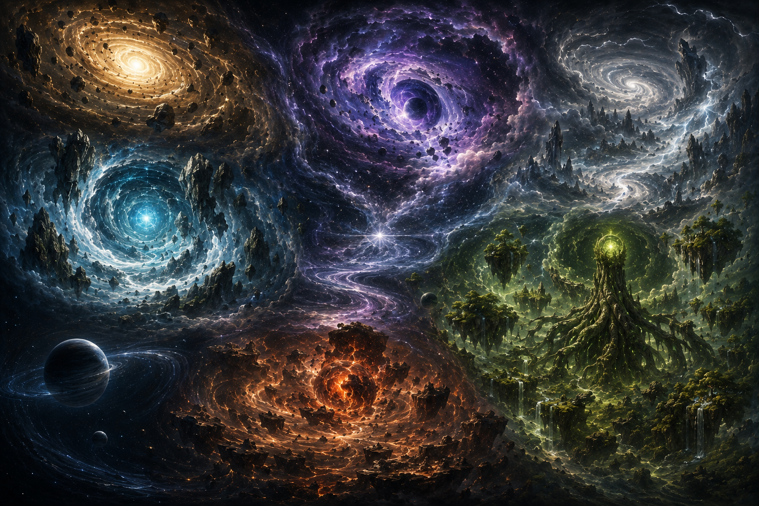 Symbolic panorama of ancient star systems and inhabited worlds existing before the formation of Earth