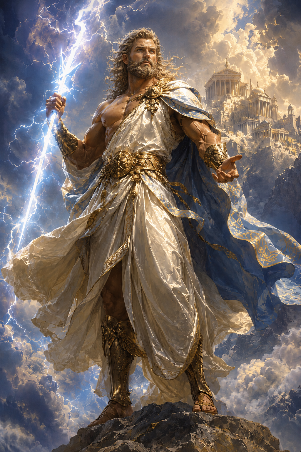 Zeus, youthful king of the Olympian gods, wielding the divine thunderbolt before Mount Olympus in Arborea