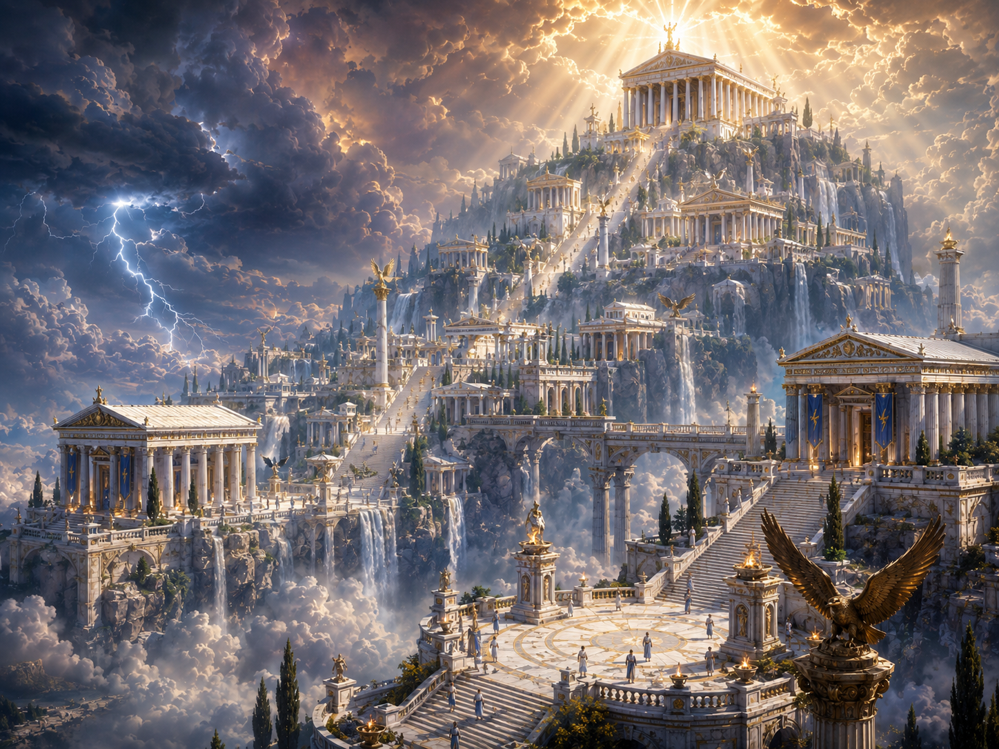 The divine Mount Olympus in the Olympian Glades of Arborea, with radiant Hellenic temples, courts, clouds and sacred lightning