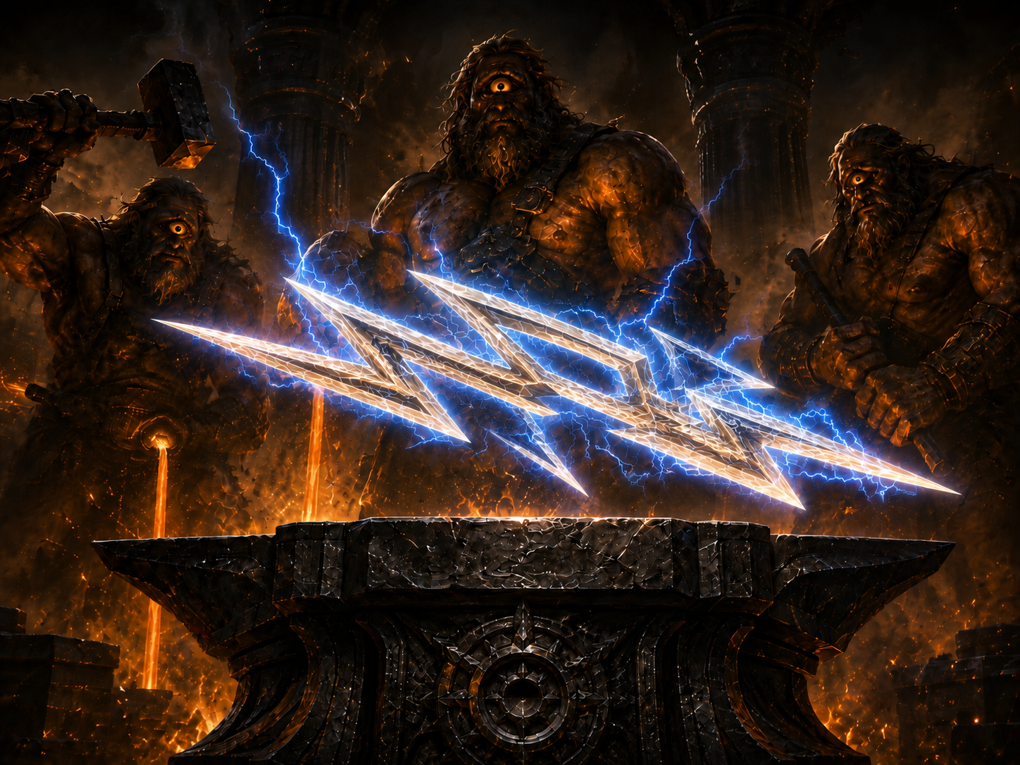 The Cyclopes forge Zeus's sacred lightning-bolt Thunderbolt above a divine anvil amid storm energy and fire