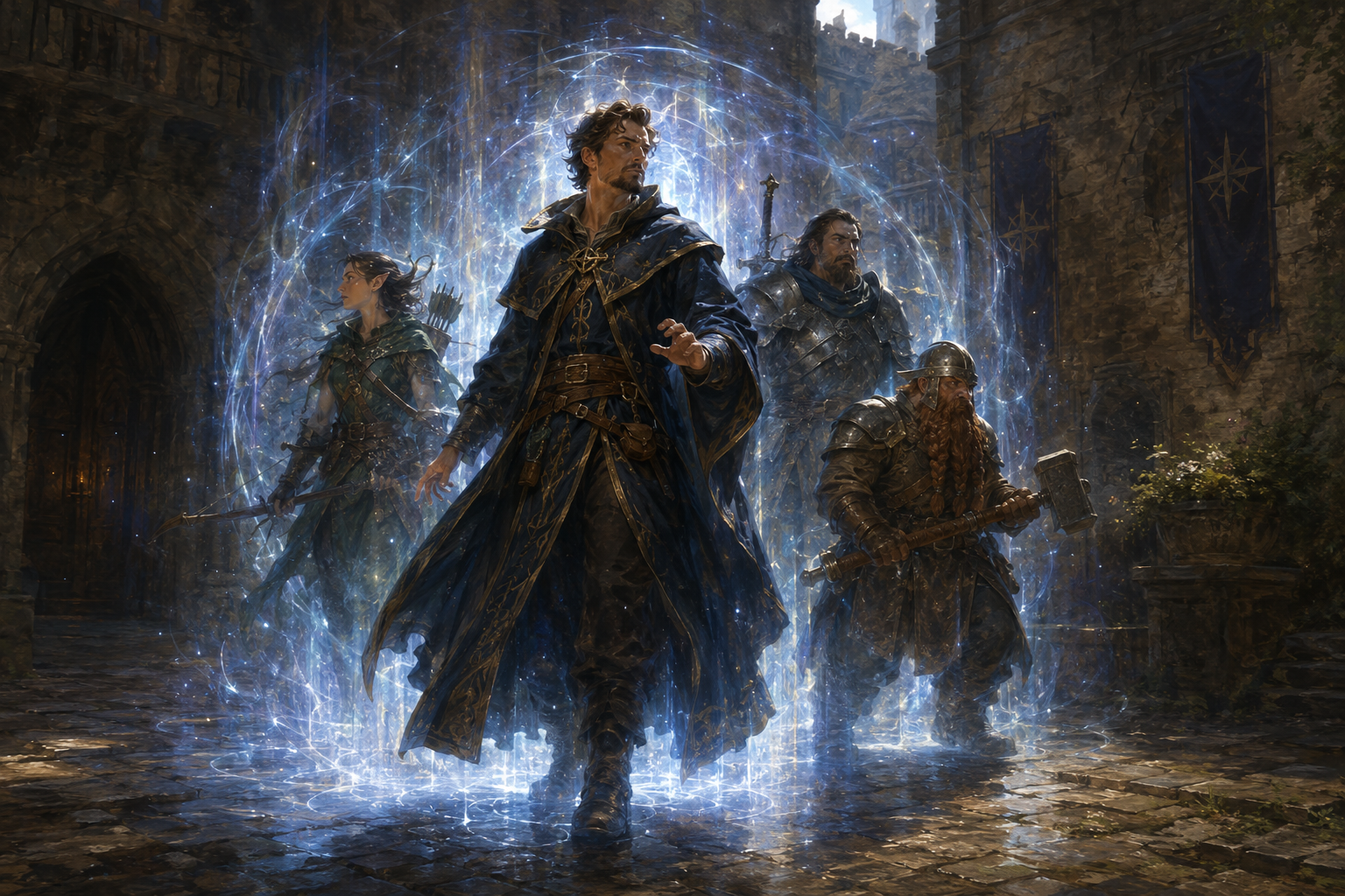 A robed mage and three companions materialise in a fortified medieval courtyard amid blue-white magical light.