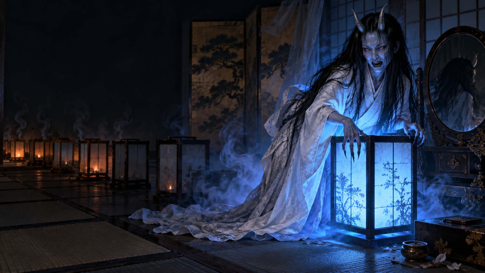 Aoandon, the horned Blue Lantern yokai, emerging beside the final lantern of a Hyakumonogatari gathering