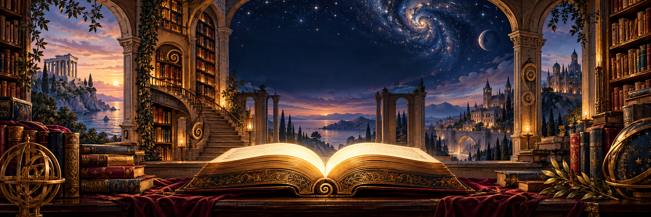 An illuminated open book in a twilight library, with ancient ruins, a medieval city and a star-filled sky beyond