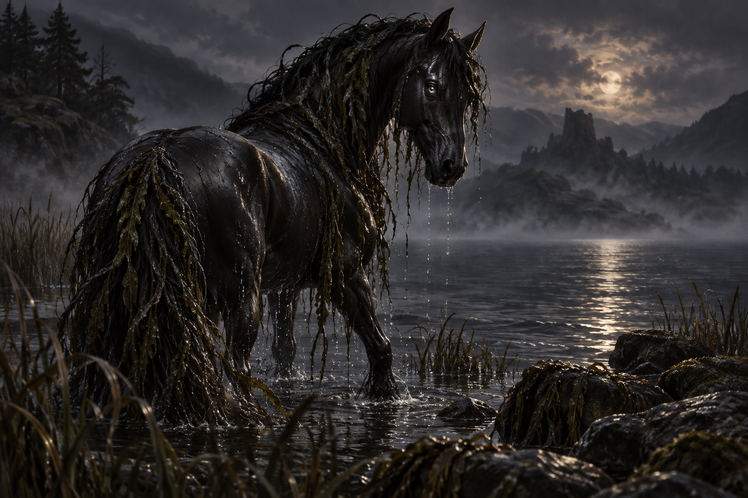 Kelpie, a black fey water horse standing in a moonlit misty loch