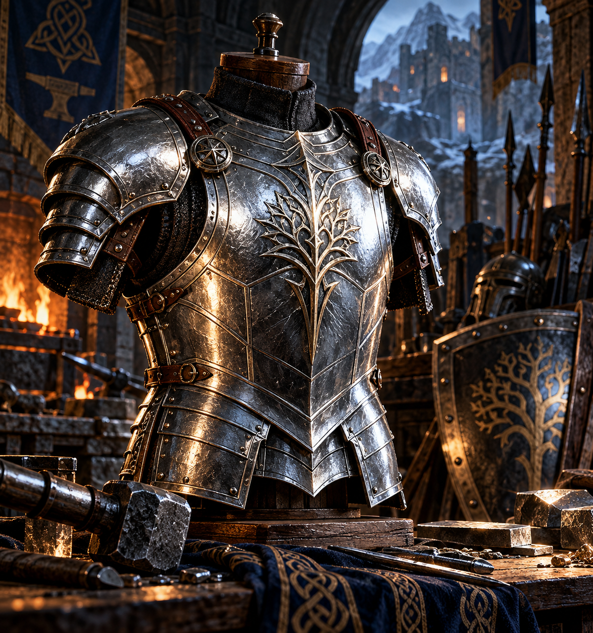 Adamantine breastplate forged from dark silver-grey metal in a fantasy armoury