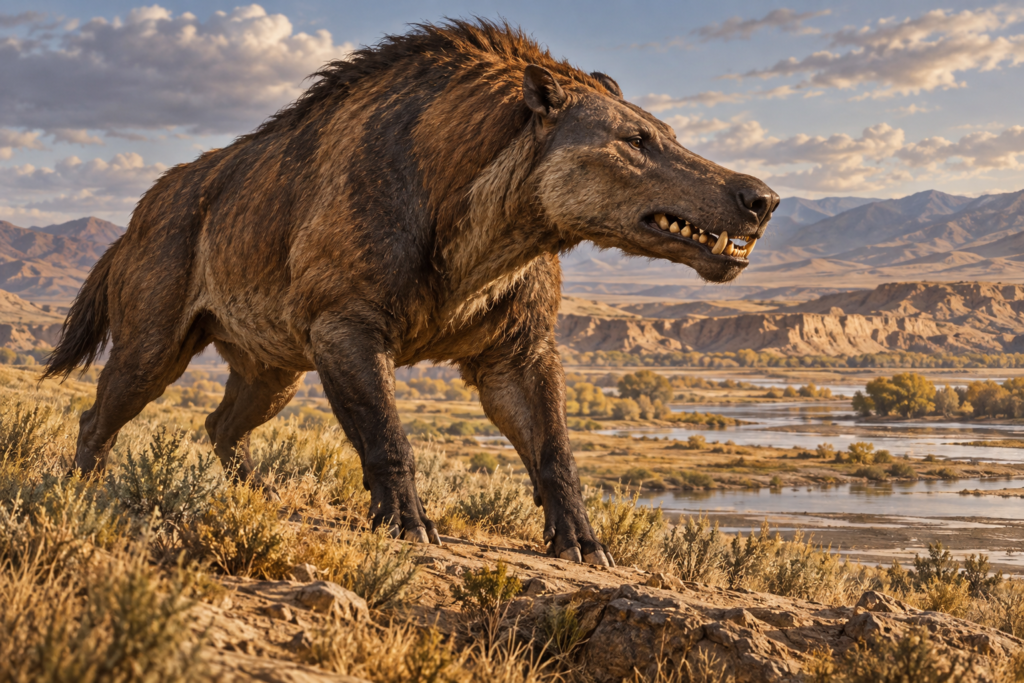 Andrewsarchus standing above a broad Eocene river valley