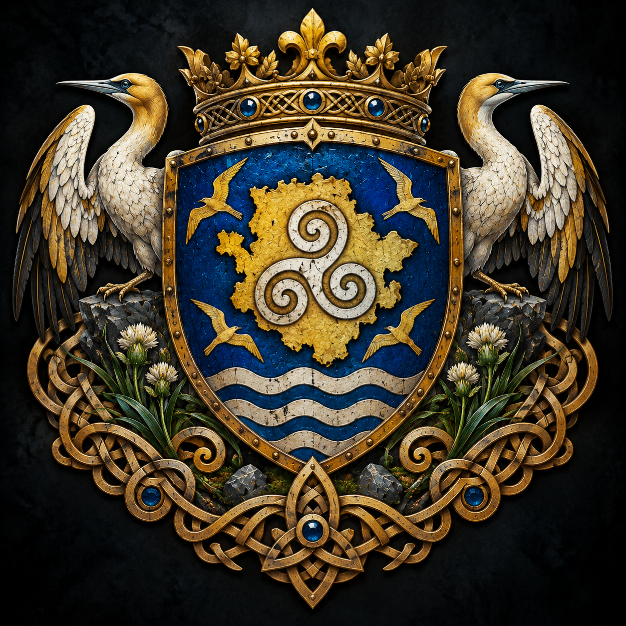 Dark blue and gold identity emblem for Anglesey with the island silhouette, triple spiral, seabirds and maritime waves