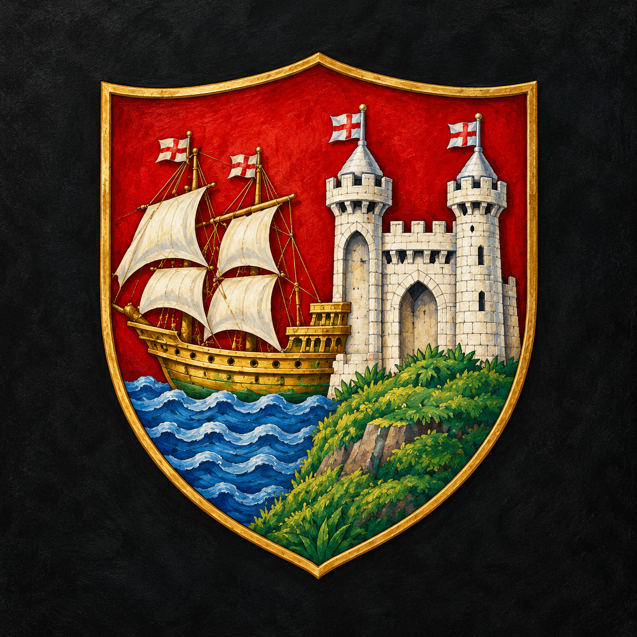 Bristol civic shield with ship, harbour water and fortified city gate