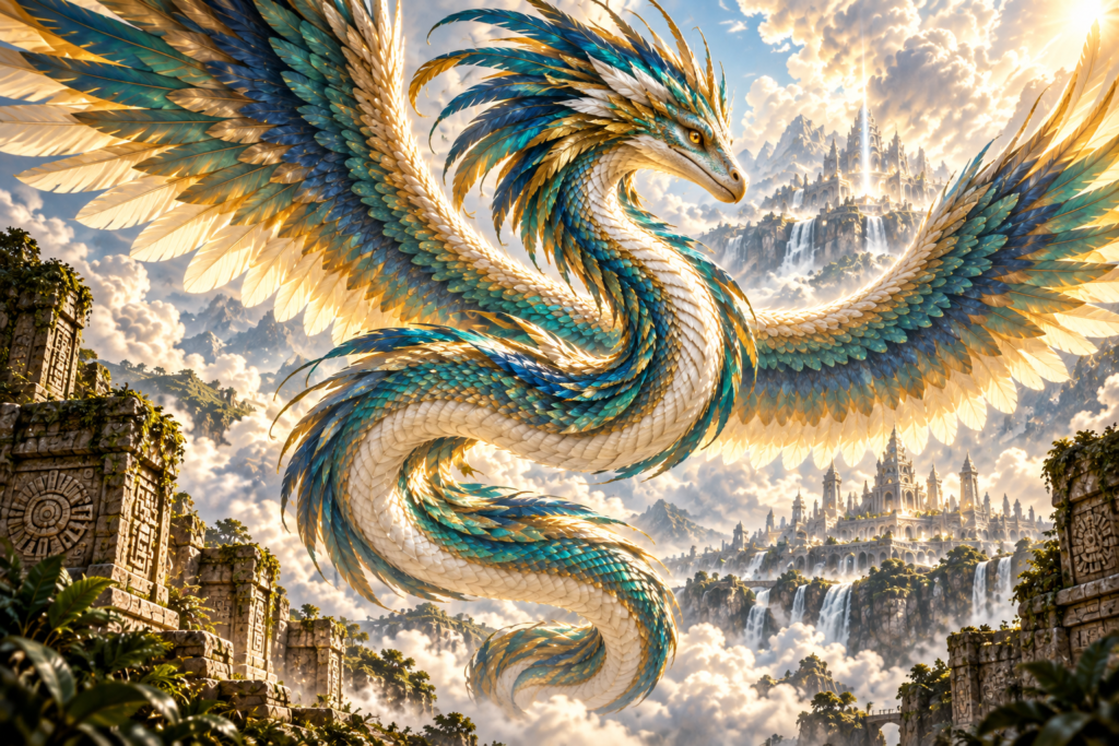 Couatl, a rainbow-feathered winged serpent celestial guardian