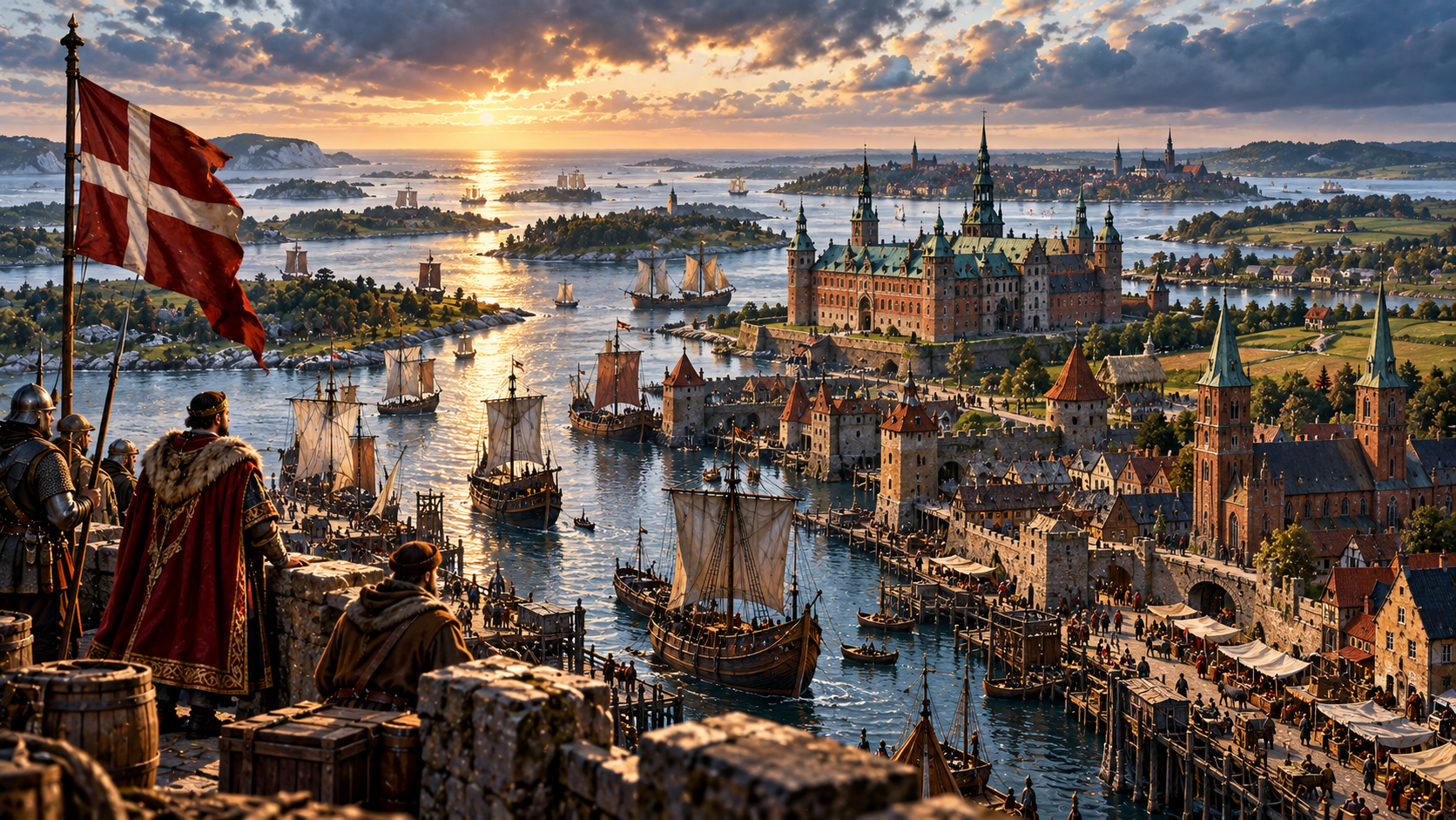 The Kingdom of Denmark in 1454, with fortified harbours, island sea-routes, royal strongholds and Baltic shipping