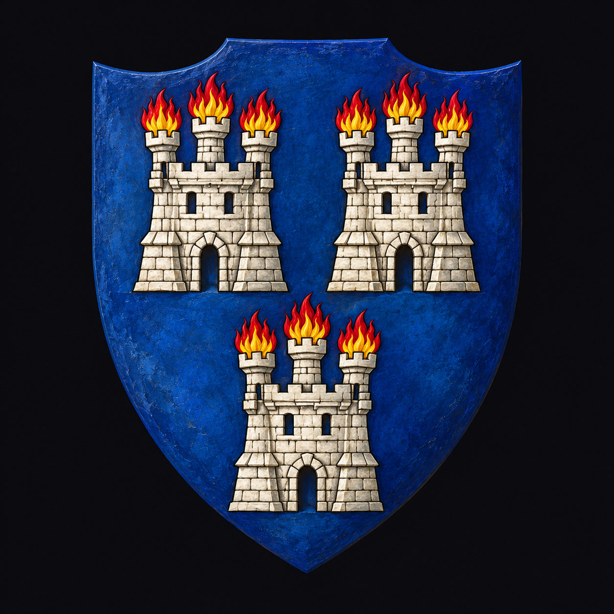Painted Dublin identity shield with three burning castles on a deep blue field