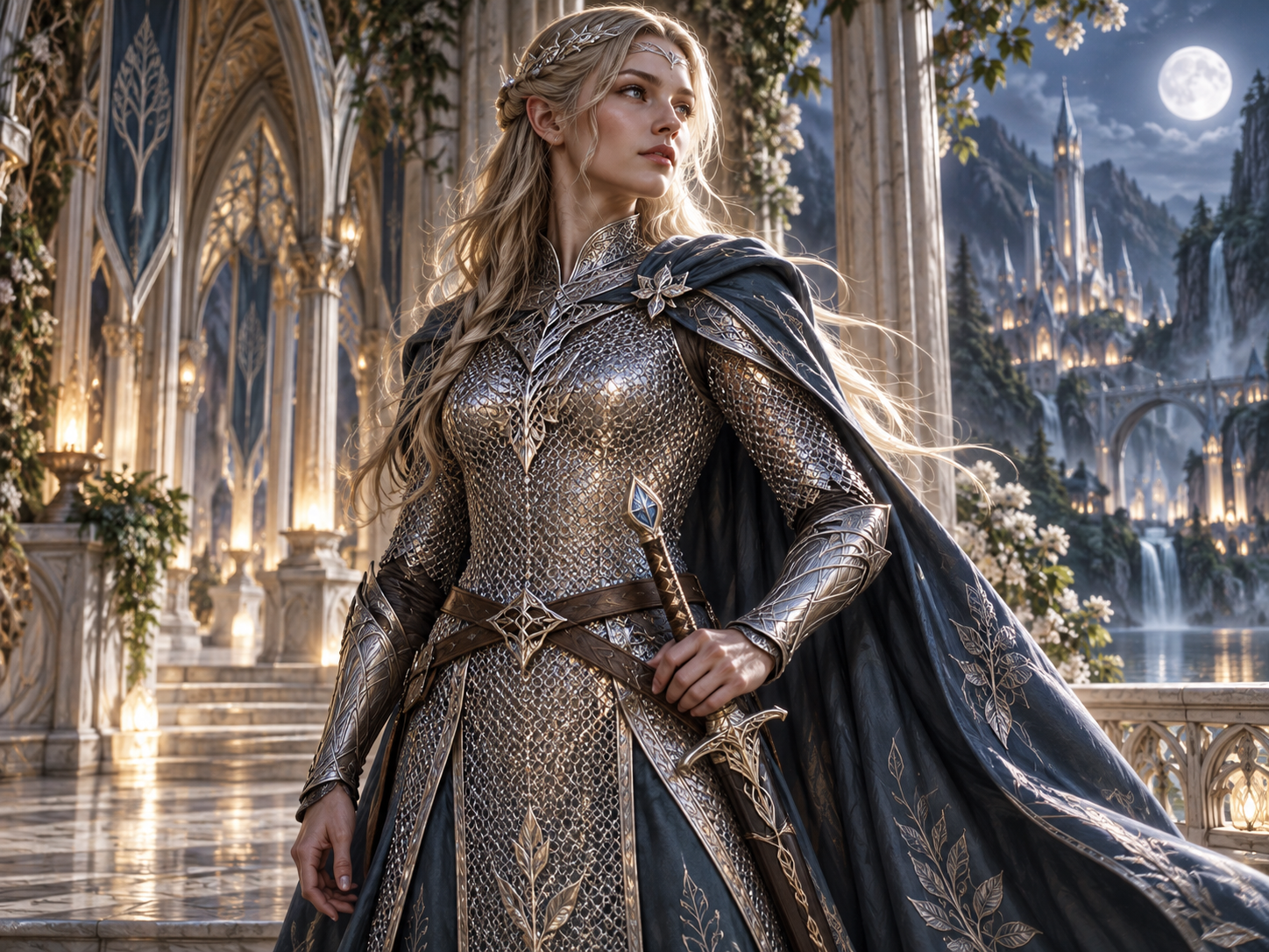 Elven warrior wearing finely wrought silver elven chain in a moonlit elven hall