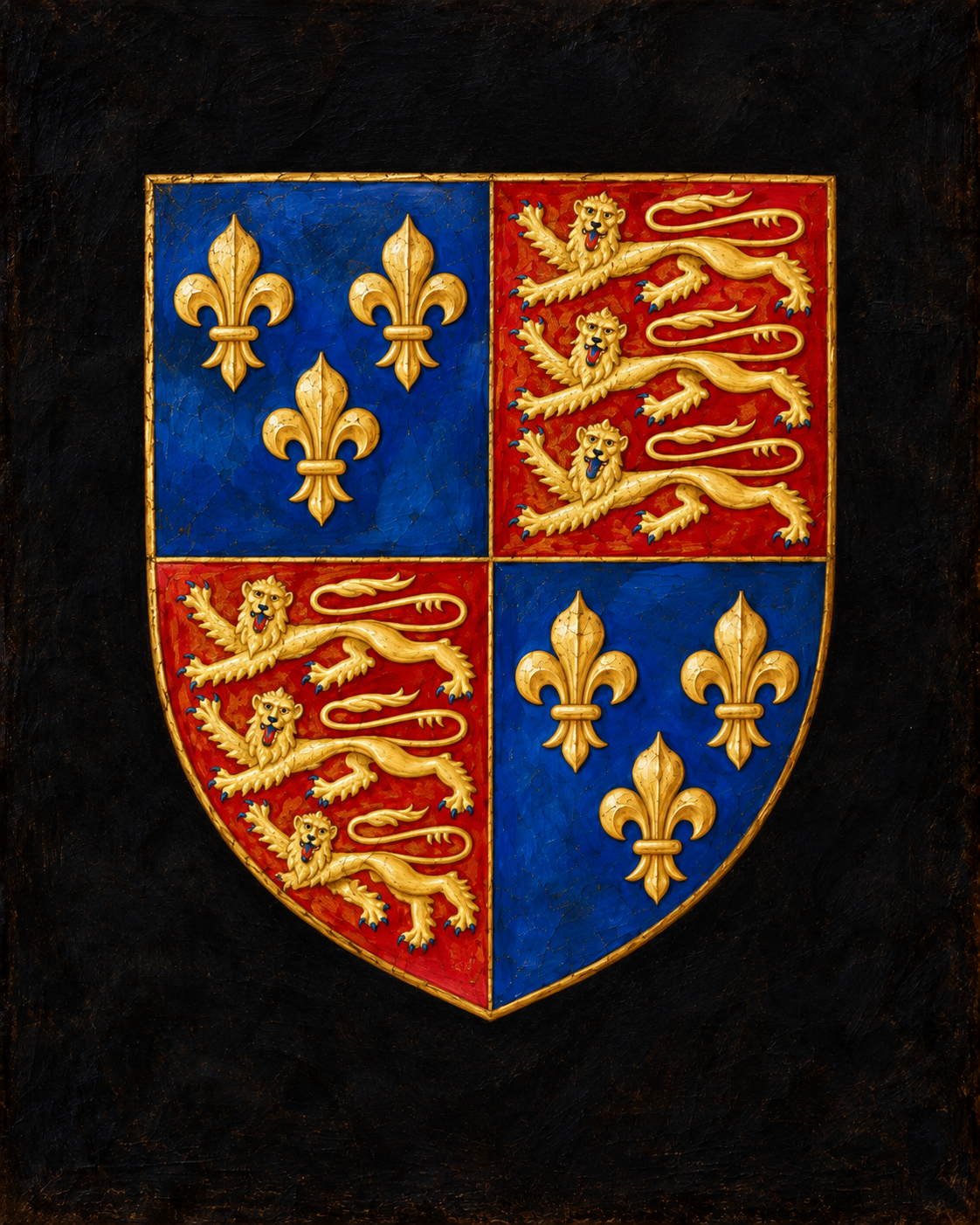 Painted royal shield of Henry VI, quartering the fleurs-de-lis of France with the three lions of England