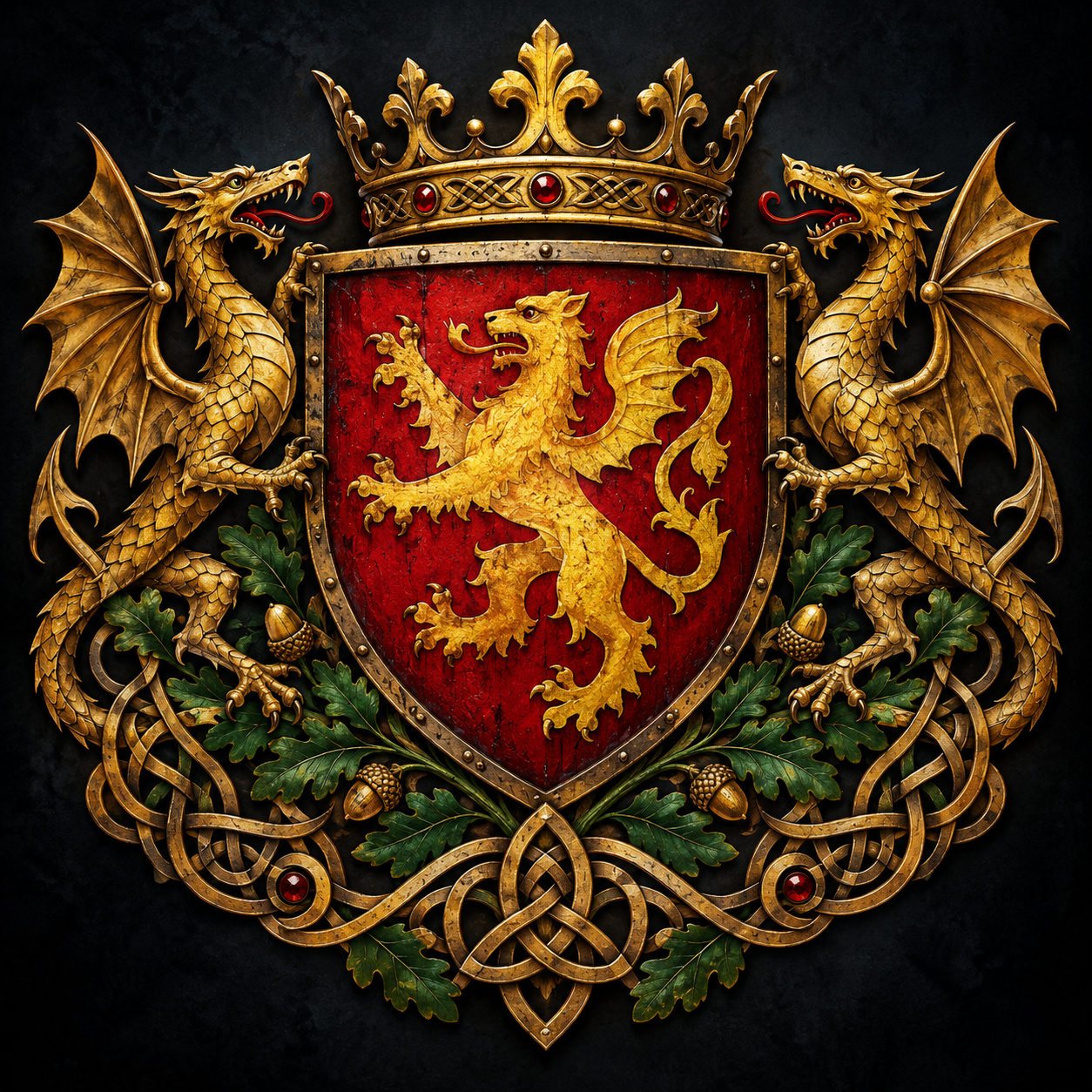 Dark medieval identity emblem for Eryri with a red shield, golden draconic beast, crown and paired dragon supporters