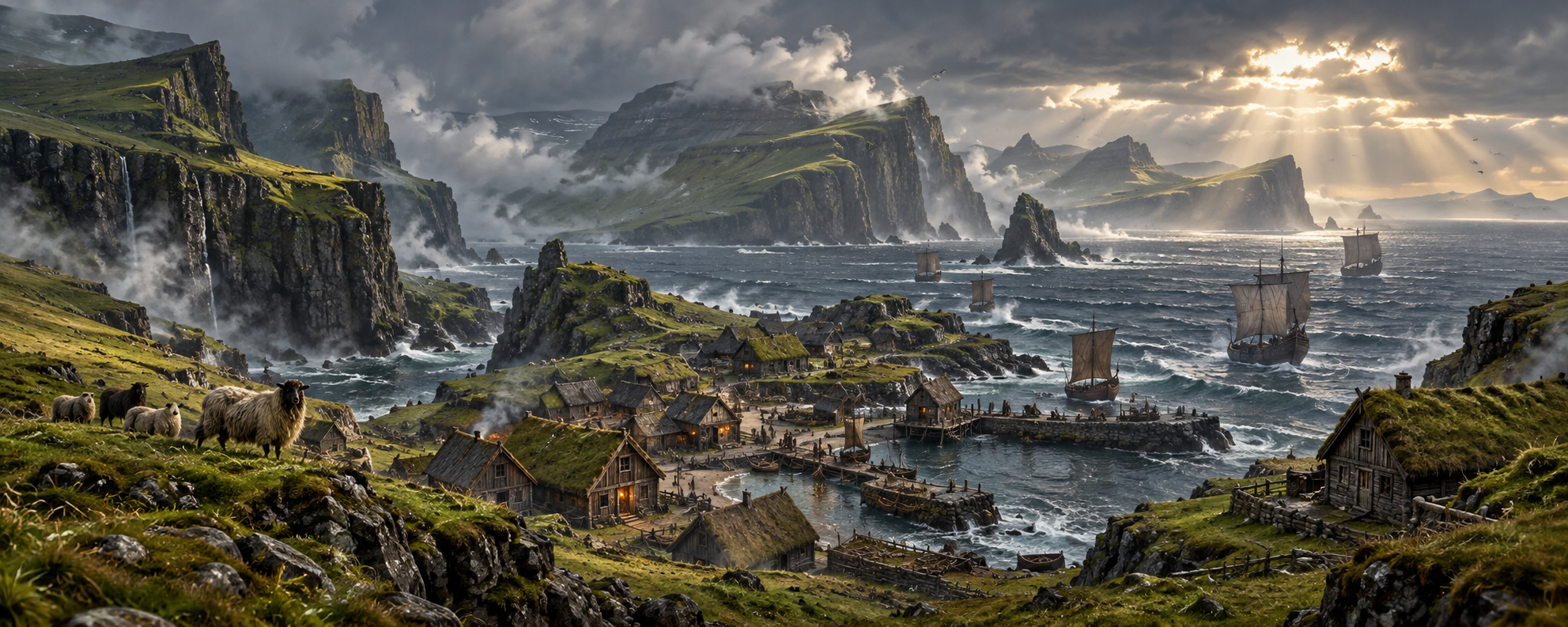 Storm-lashed Faroe Islands harbour with turf-roofed settlements, sheep, steep sea cliffs and North Atlantic sailing ships