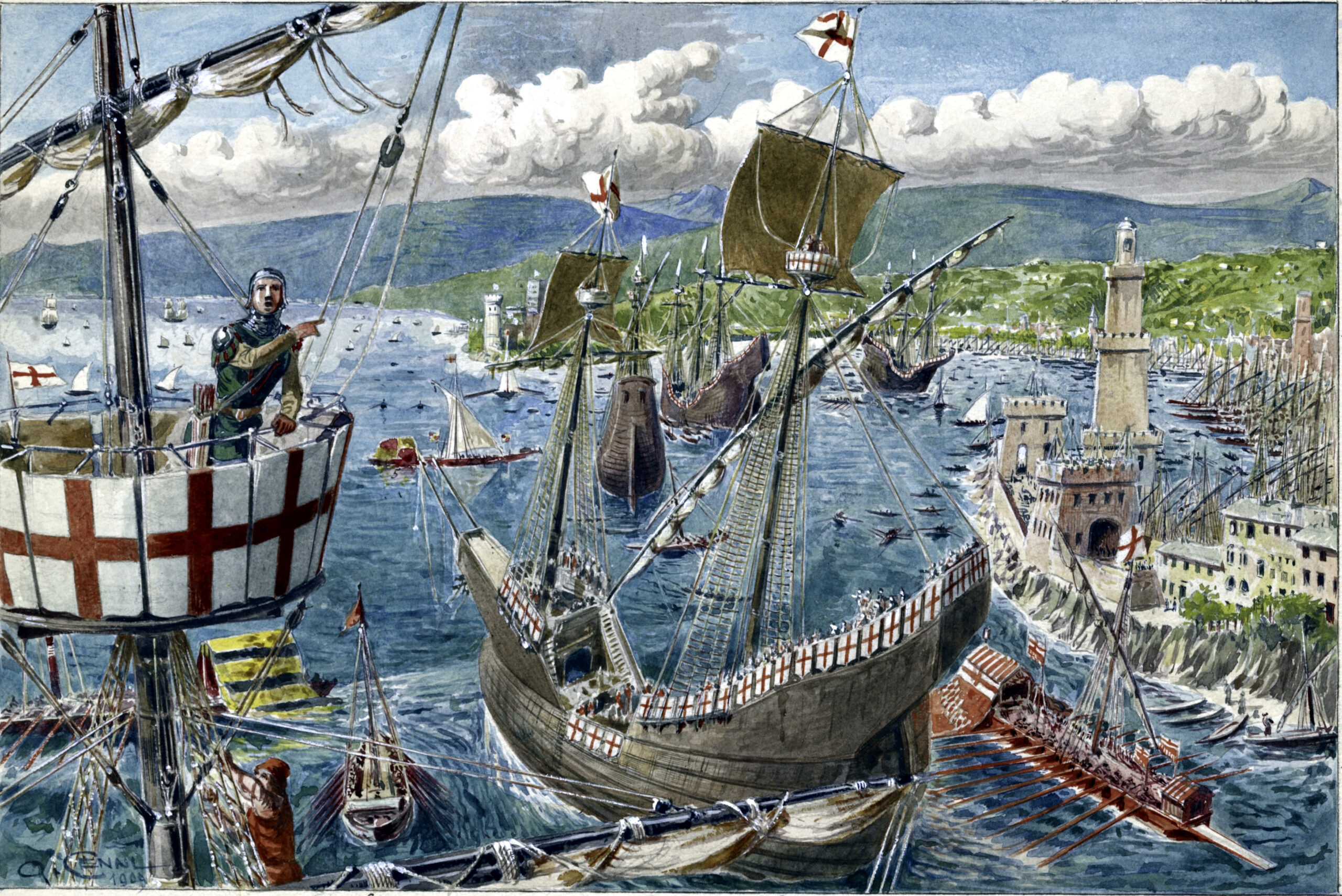 Historical illustration of Genoa's harbour and sailing fleet