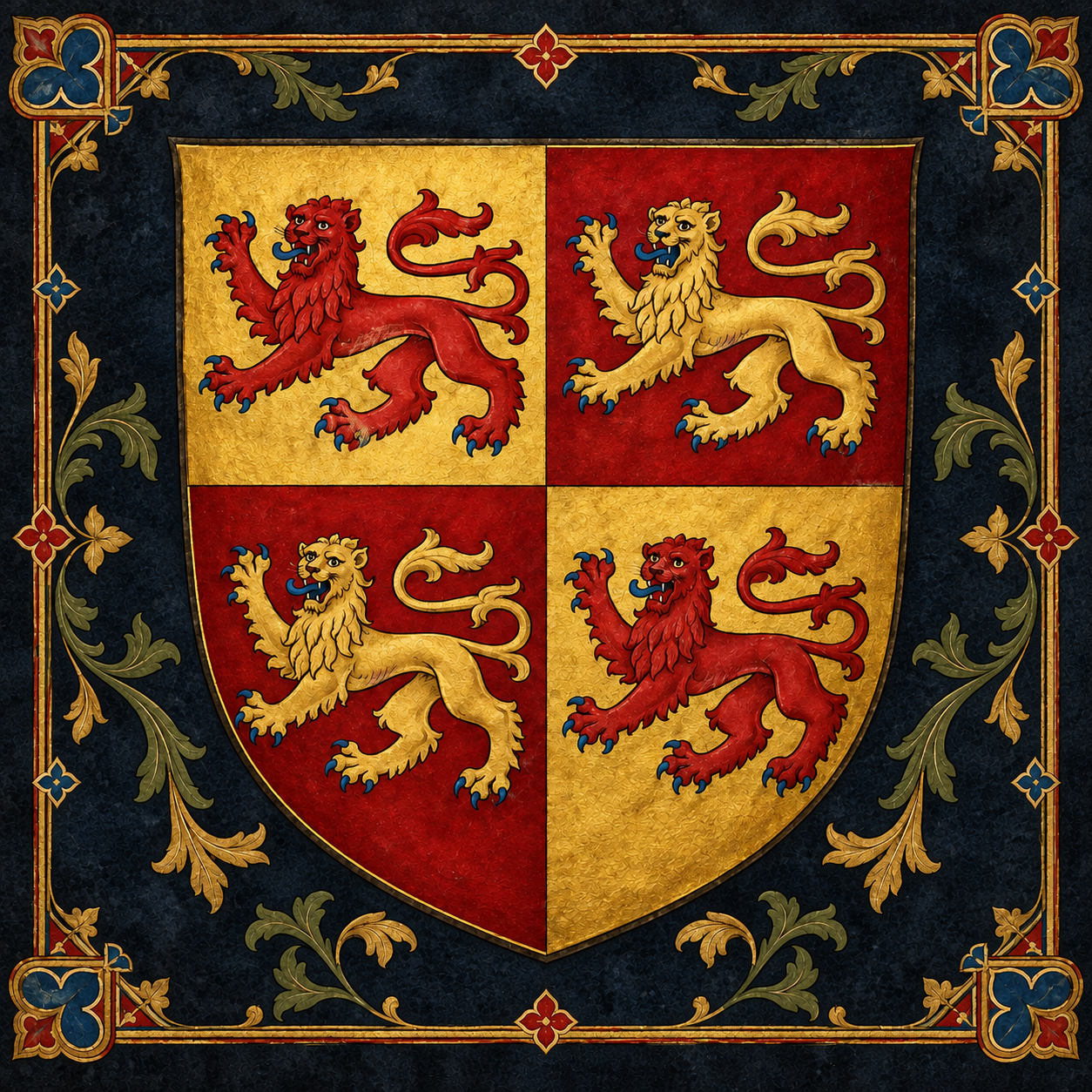 Quartered red and gold arms of the princes of Gwynedd with four passant lions, presented as a dark medieval identity emblem