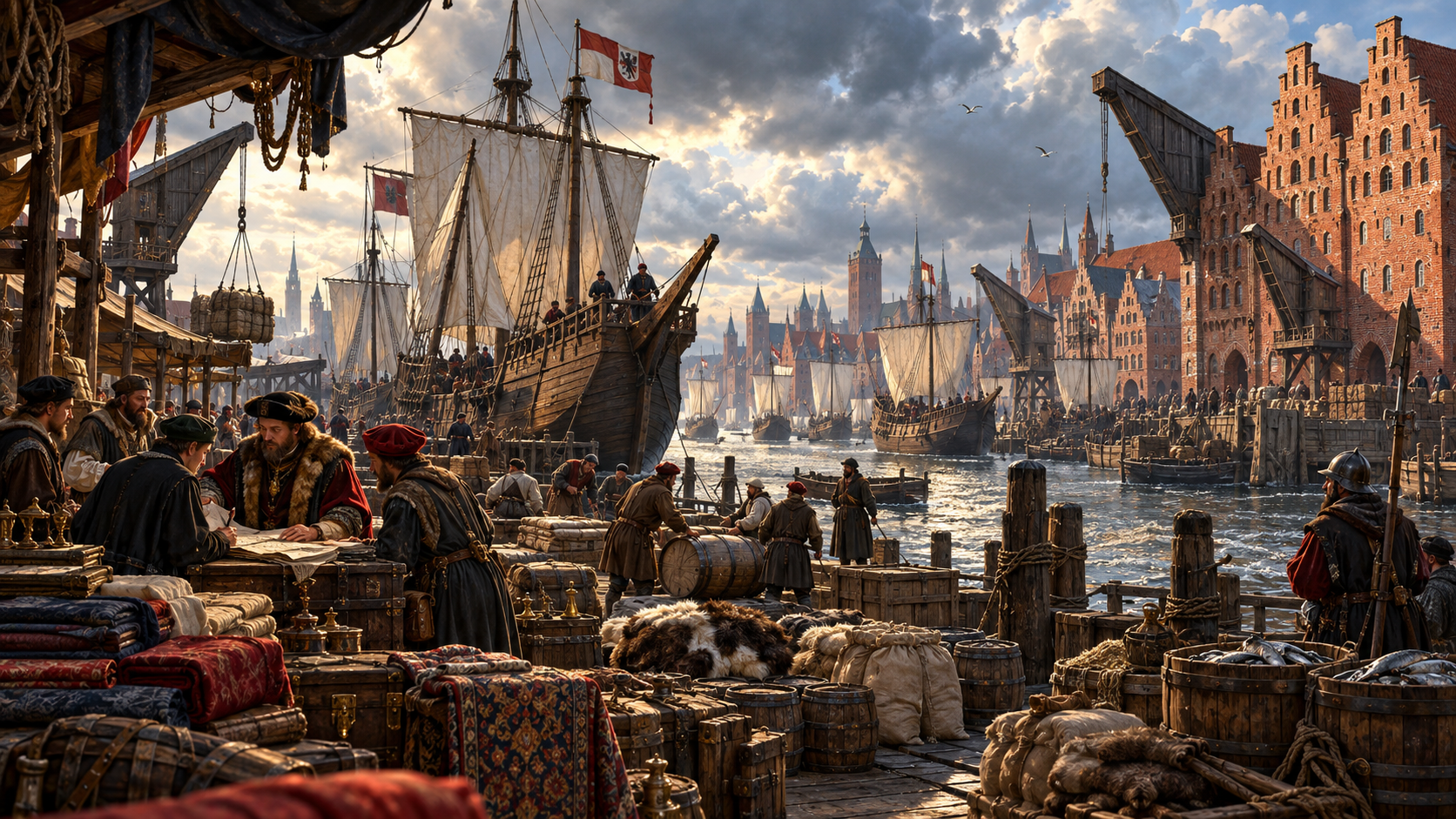 Hanseatic League merchant harbour in 1454 with trading cogs, warehouses, merchants and Baltic cargo