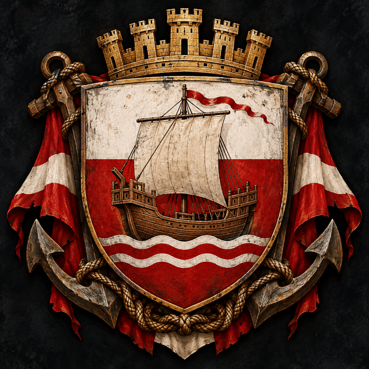 Hanseatic League identity shield with merchant cog, anchors and red-and-white civic colours