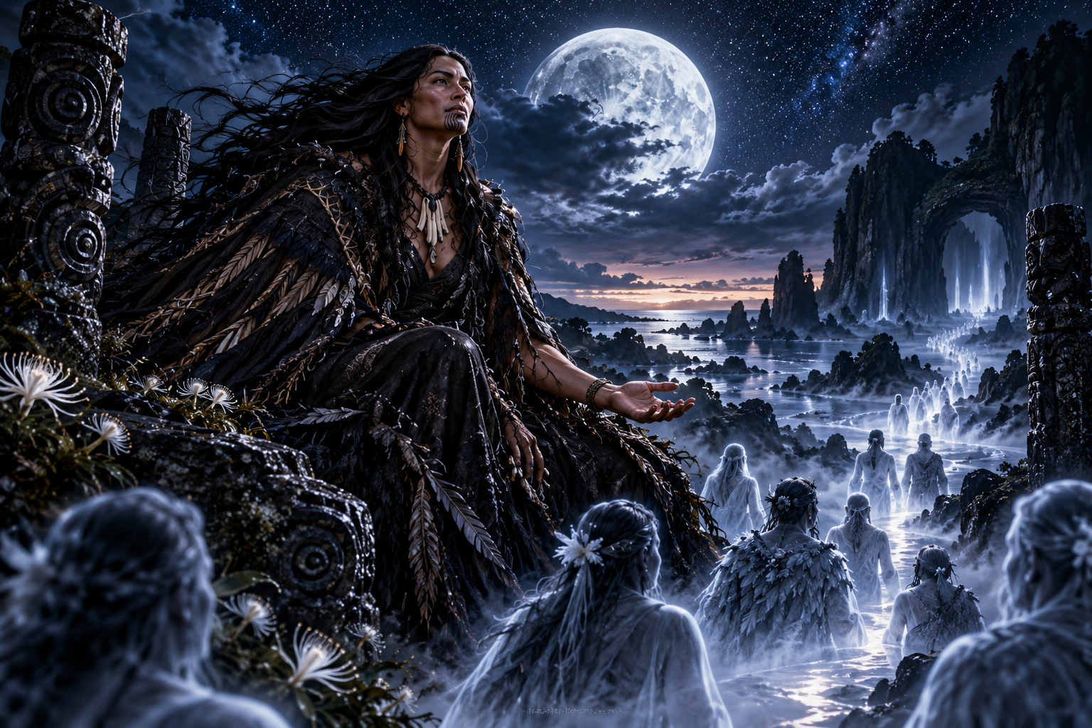 Hine-nui-te-pō, great Māori ancestress of Rarohenga, receiving ancestral spirits beneath the night sky