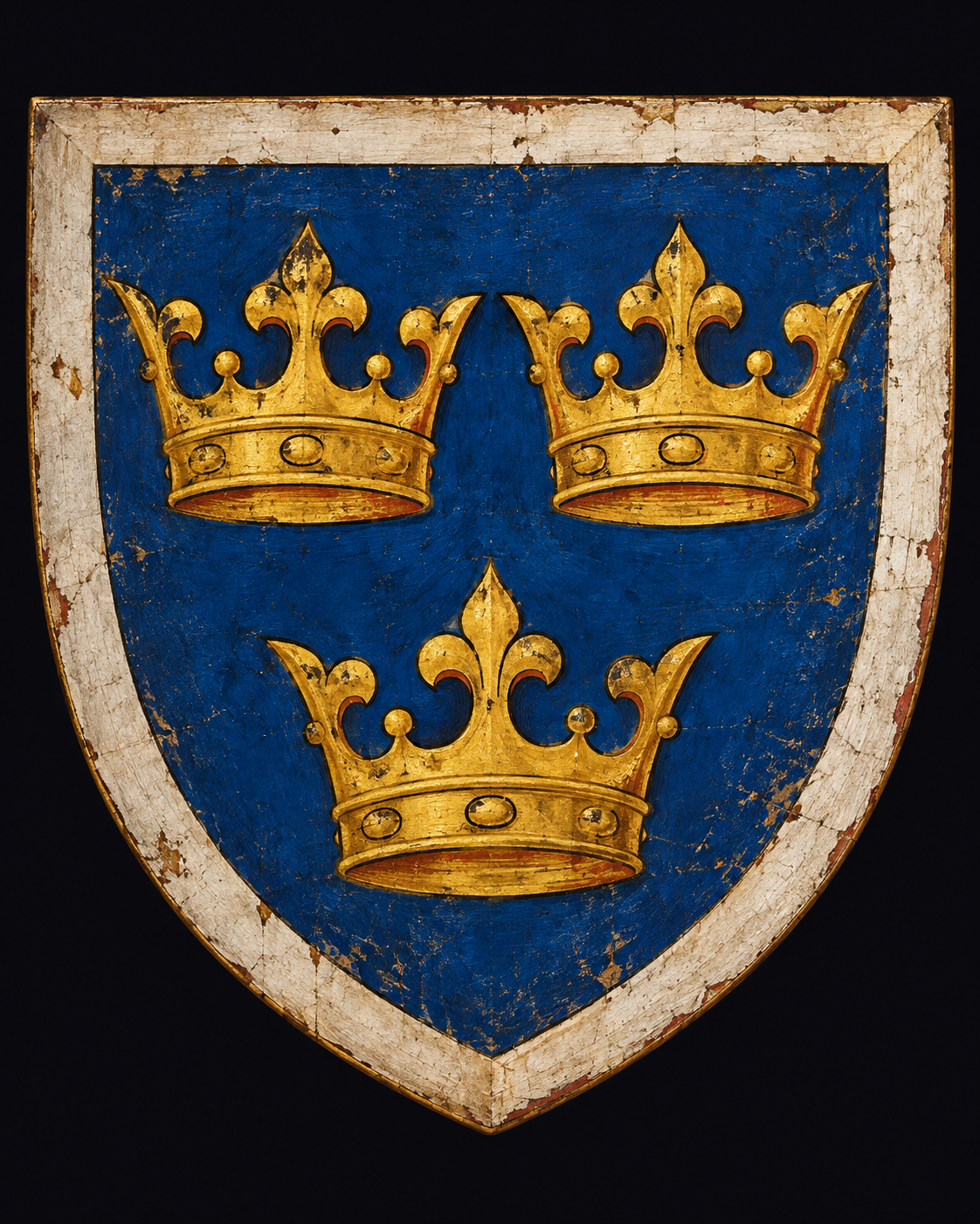 Painted shield of the Lordship of Ireland with three golden crowns on a blue field