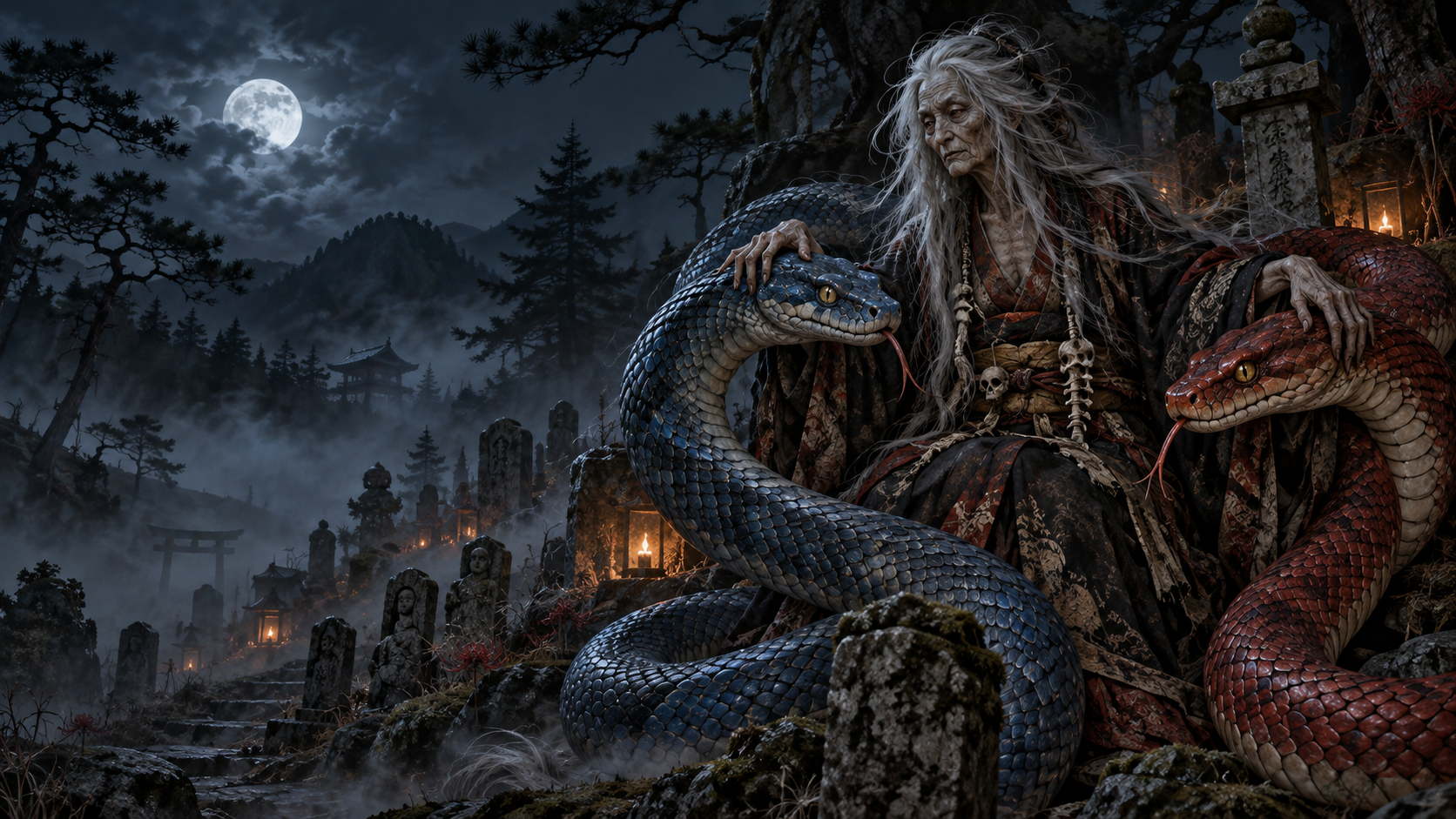 Jakotsubaba, the Snake-Bone Hag, with a blue serpent and a red serpent beside an old burial ground