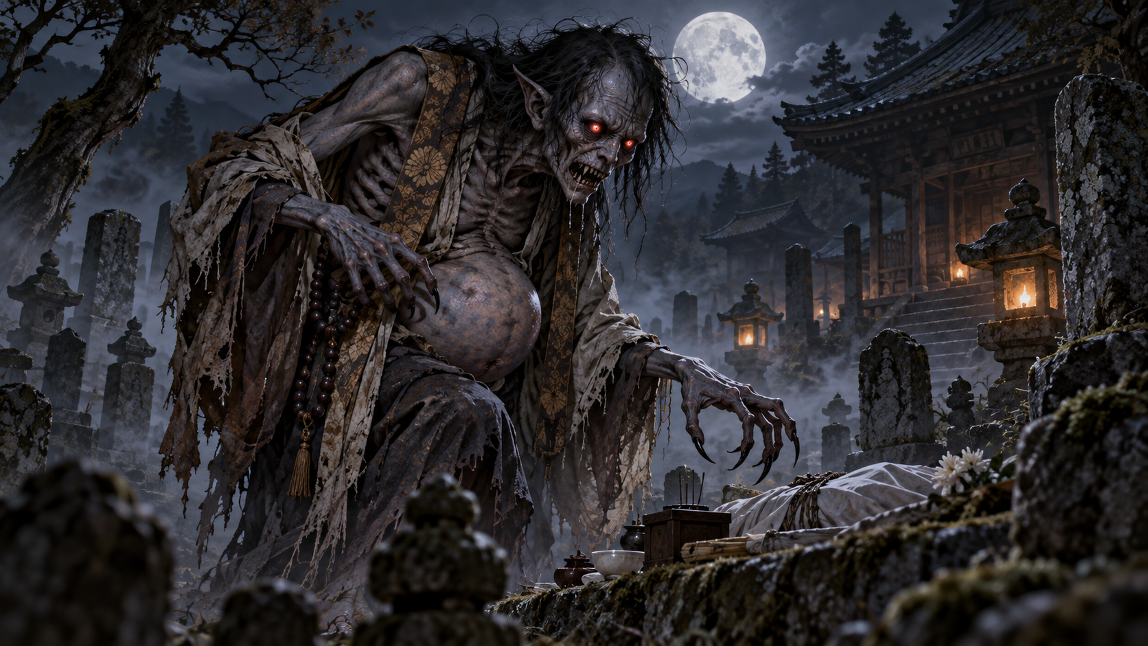 Jikininki, a corpse-eating hungry ghost, stalking through a moonlit Japanese burial ground