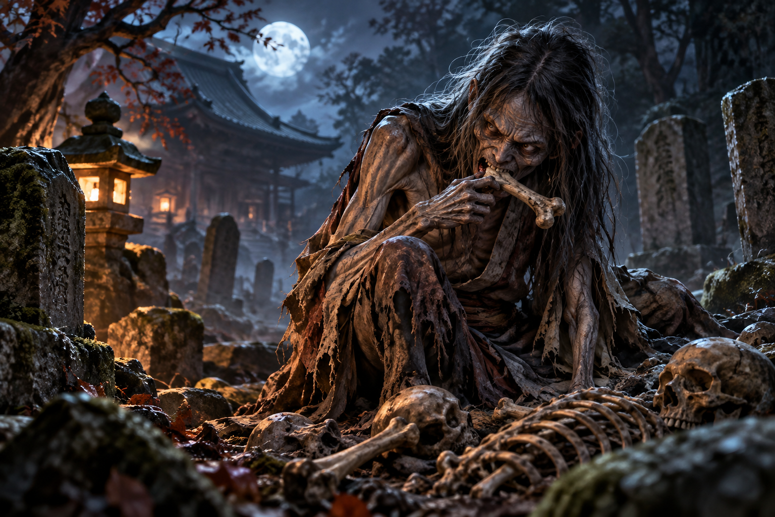 Jikininki crouching among old graves in a moonlit Japanese cemetery