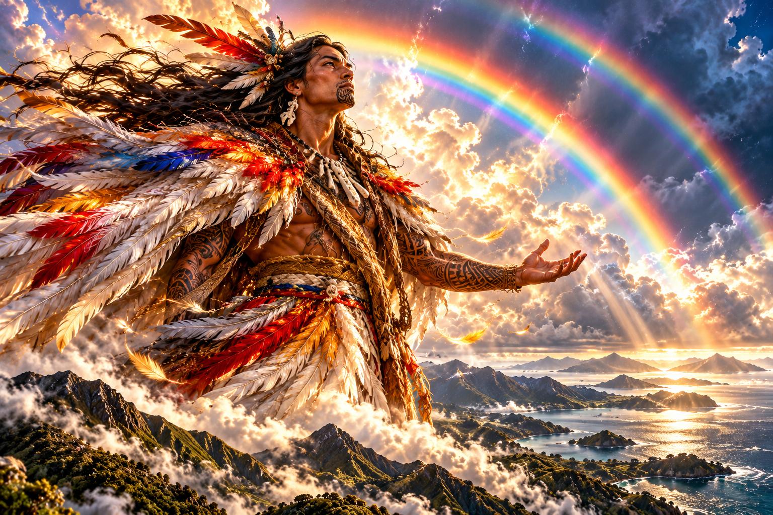 Kahukura, Māori atua associated with rainbows and war, appearing beneath a double rainbow in the storm-lit heavens