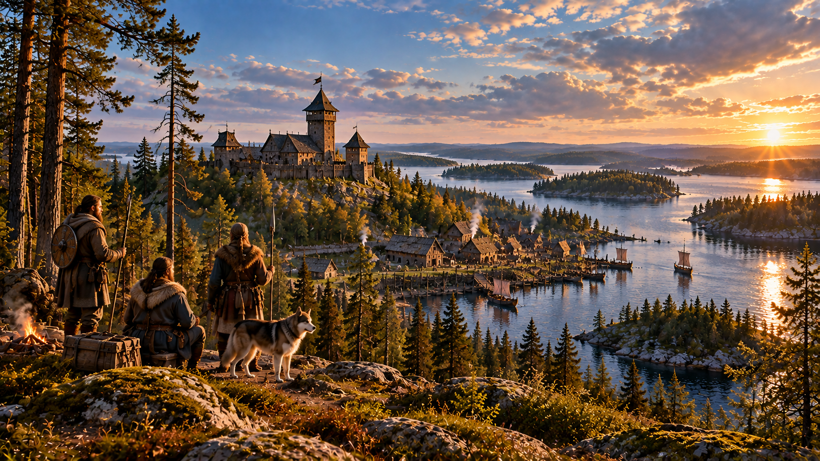 Karelia in the eastern borderlands, with forested lakes, medieval settlement, fortified routes and frontier travellers