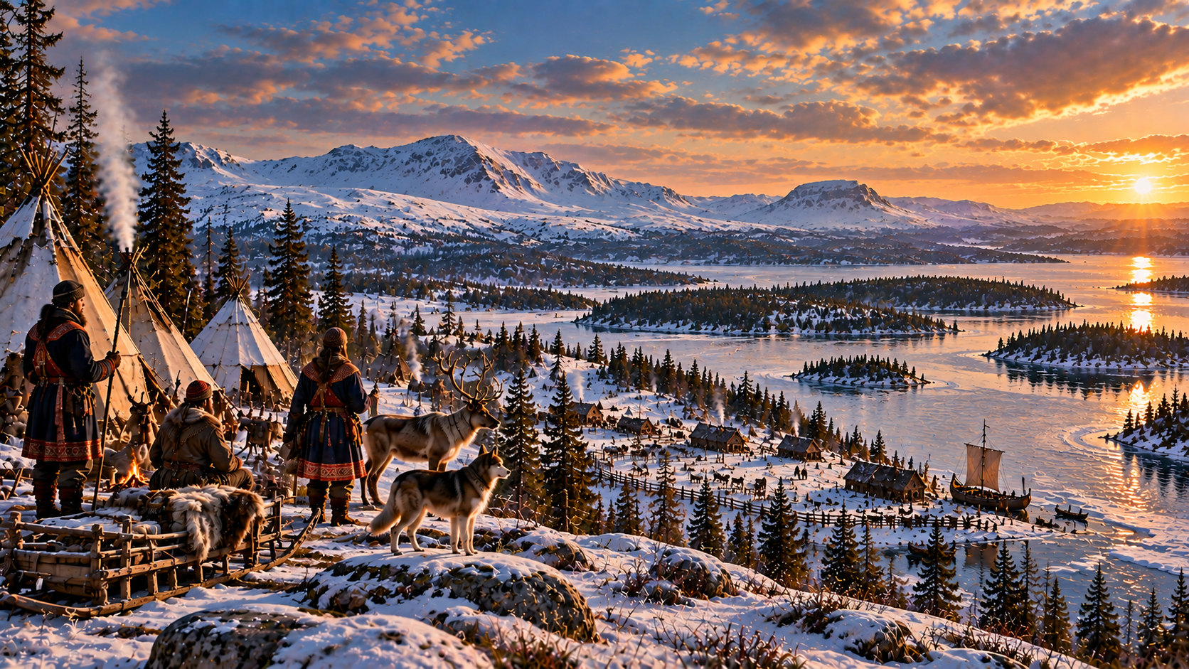 A winter camp in Sápmi with Sámi travellers, reindeer, sleds and frozen northern waterways