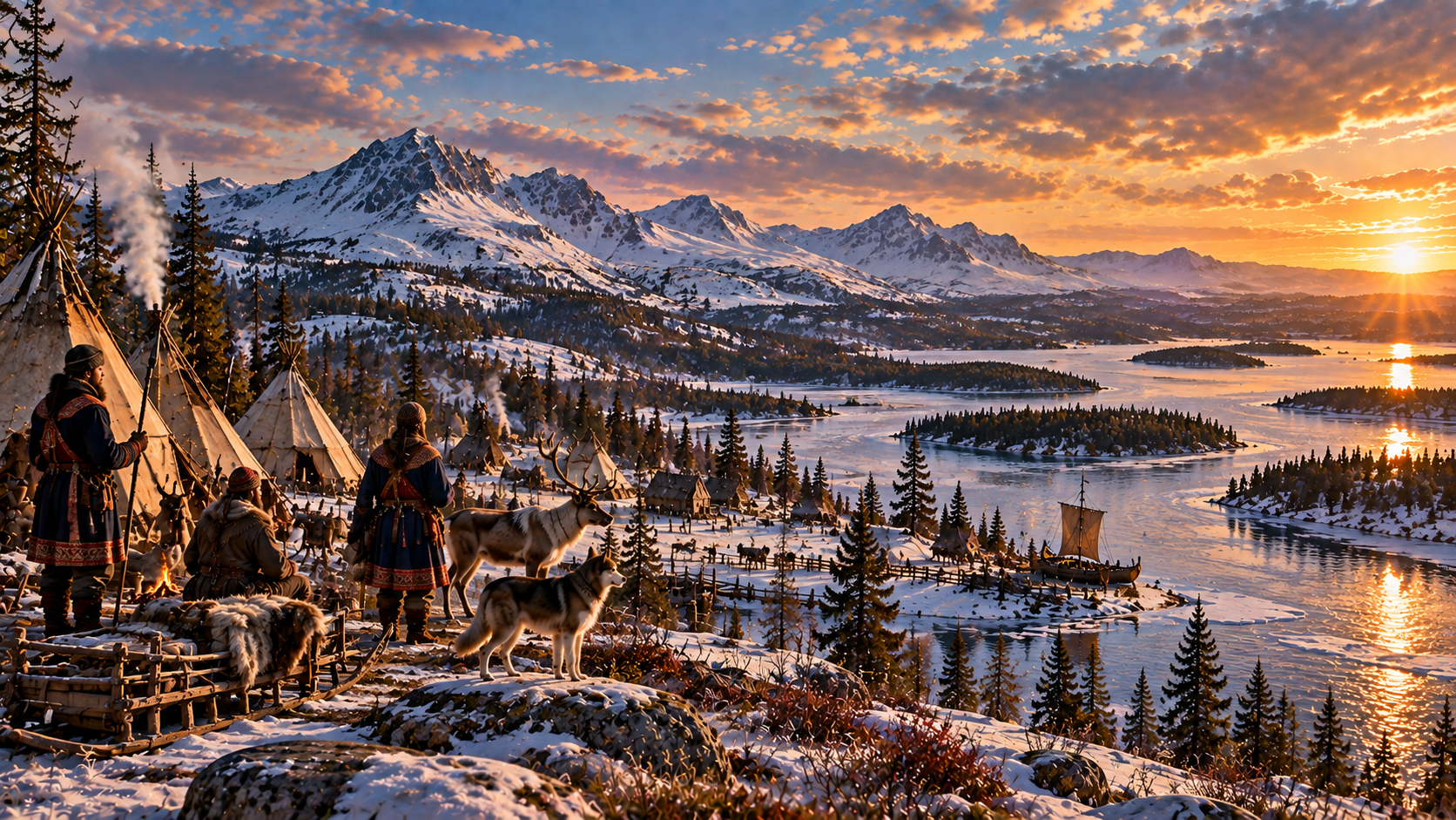 Winter travel through Sápmi, with Sámi travellers, reindeer, frozen waterways and northern mountain routes