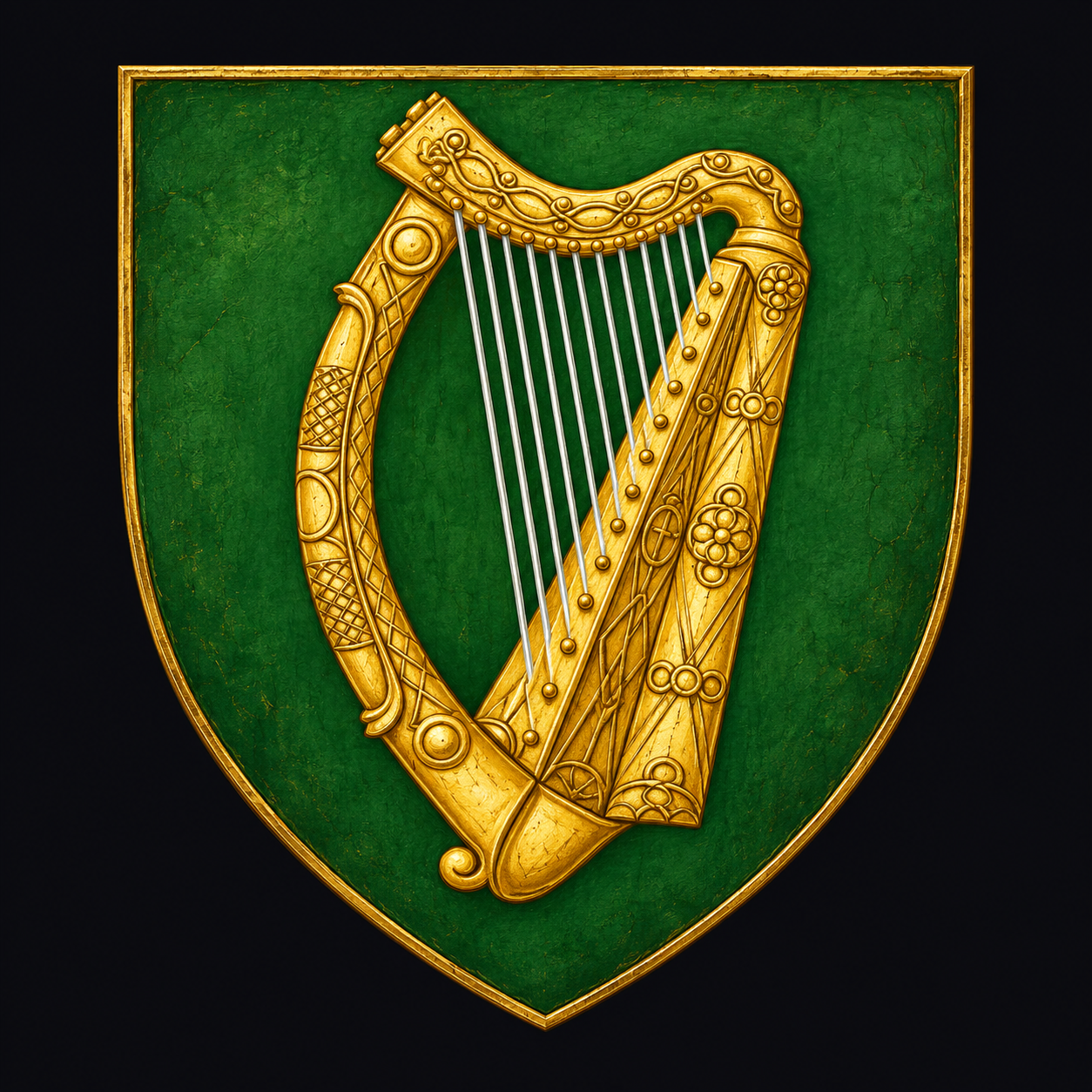 Painted Leinster identity shield with a golden Irish harp on a deep green field