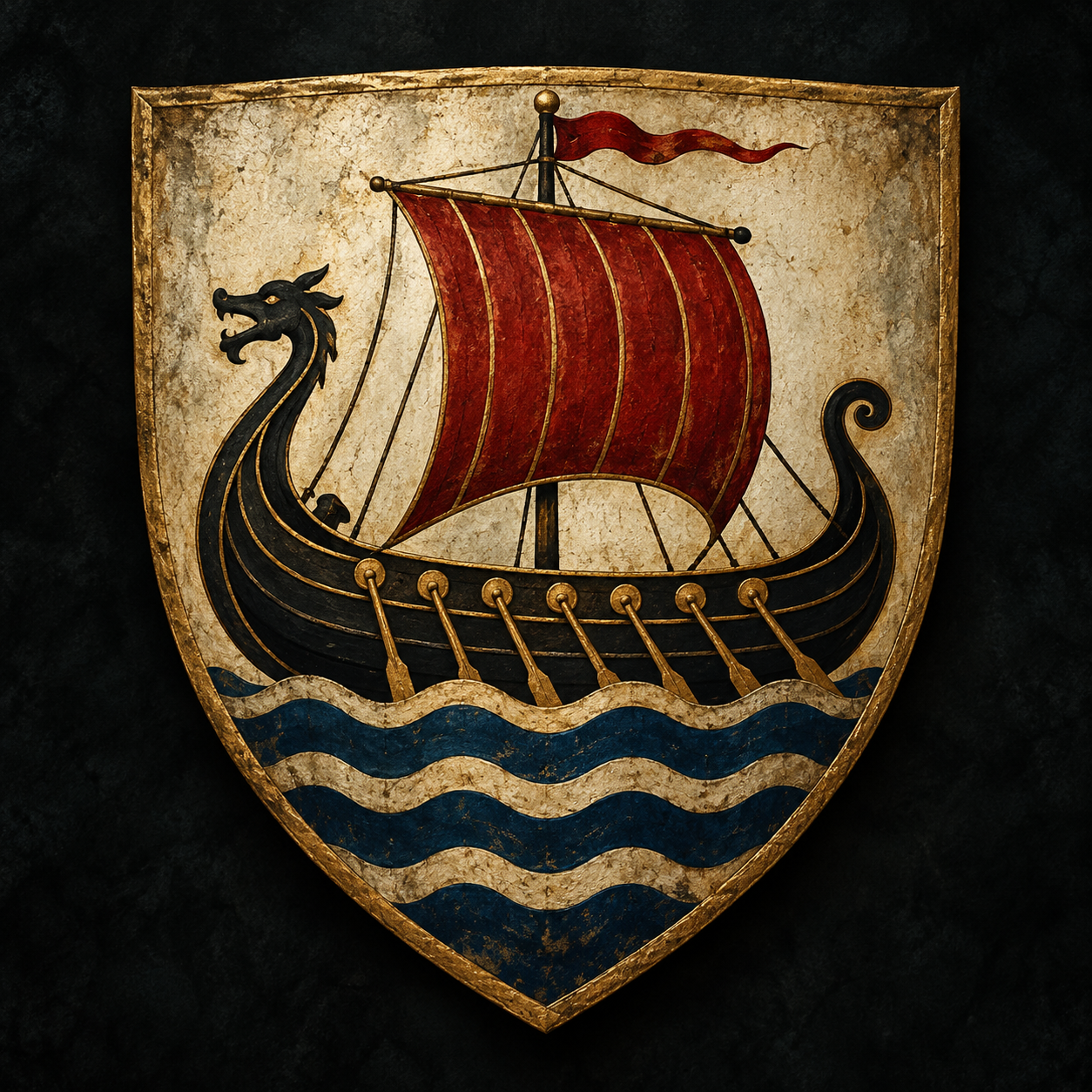 Lordship of the Isles identity shield with a black Hebridean galley, red sail and blue sea waves on a dark background