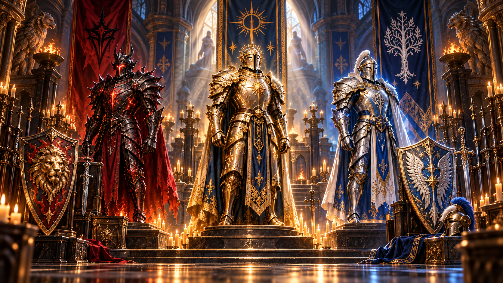 Enchanted suits of armour and shields displayed in a grand fantasy armoury