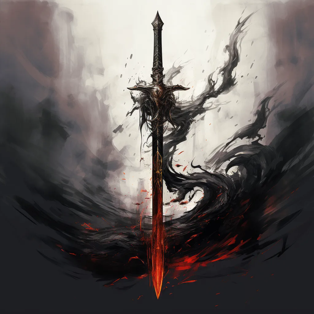 A dark enchanted longsword wreathed in supernatural shadow and ember-like light