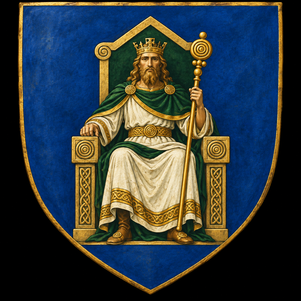 Painted Meath identity shield showing a crowned sacred king on a blue field with Celtic spiral and knotwork motifs
