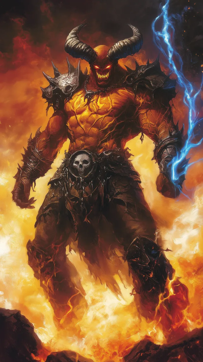 Moloch the Twice-Fallen Tyrant, an immense fiery arch-devil surrounded by lightning