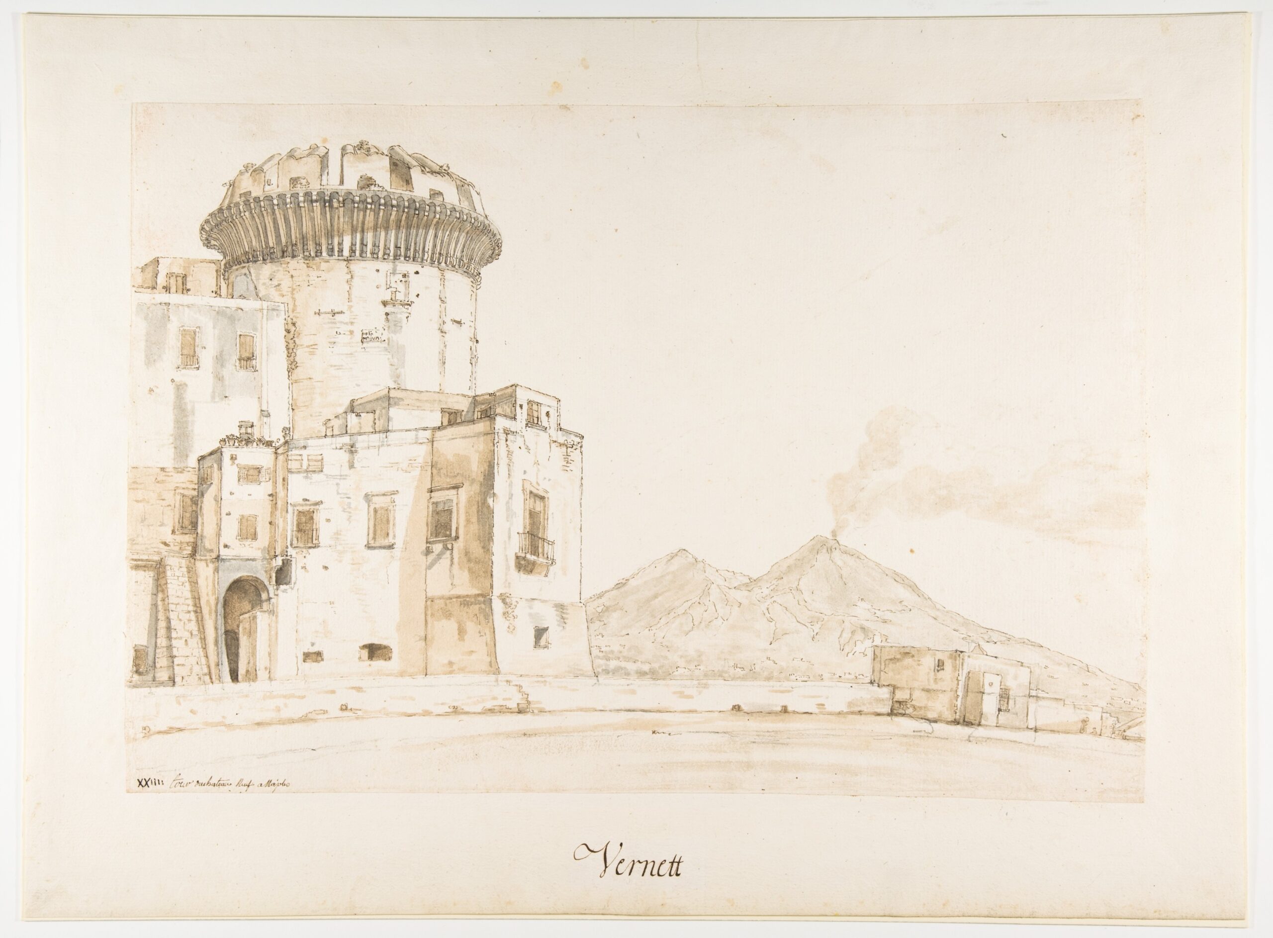 Historical drawing of Castel Nuovo and Mount Vesuvius at Naples