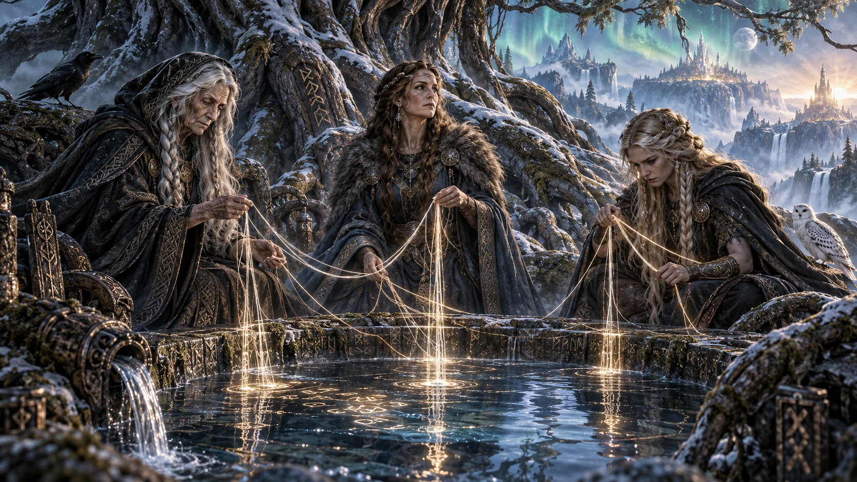 Urðr, Verðandi and Skuld weaving fate beside the Well of Urðr
