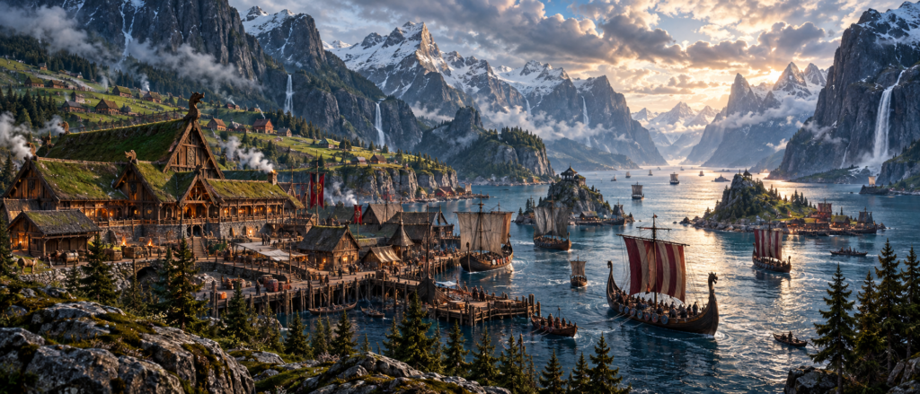 Norwegian fjord kingdom with timber halls, longships, steep mountains and waterfalls