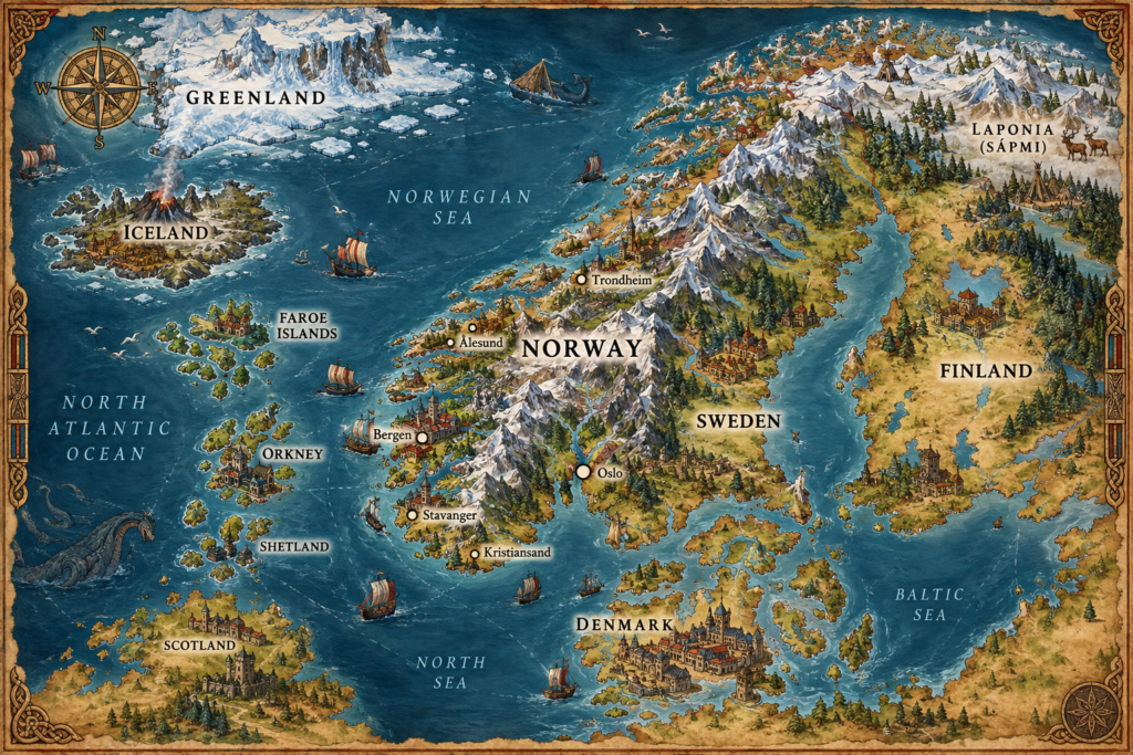 Campaign map of Norway and the North Atlantic showing Greenland, Iceland, the Faroe Islands, Orkney, Scotland, Sweden, Finland, Laponia, Denmark and Bergen