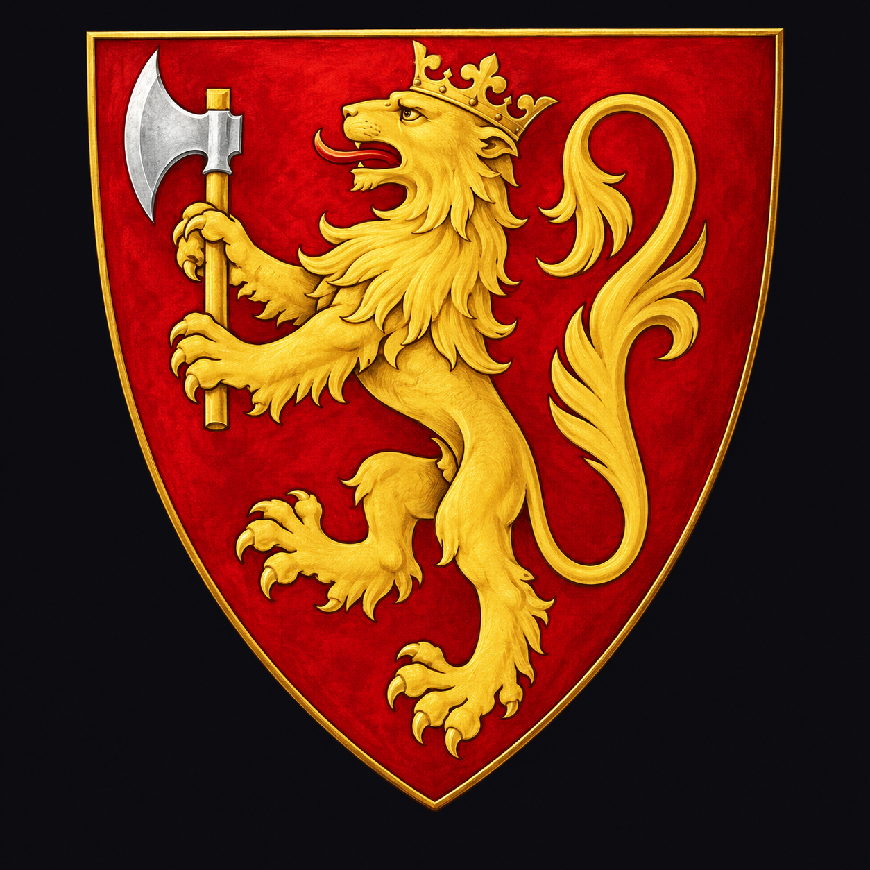 Royal arms of Norway with a crowned golden lion bearing an axe on a red shield