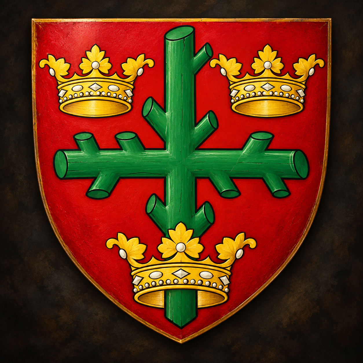 Painted civic shield of Nottingham with a green ragged cross and three golden crowns on a red field