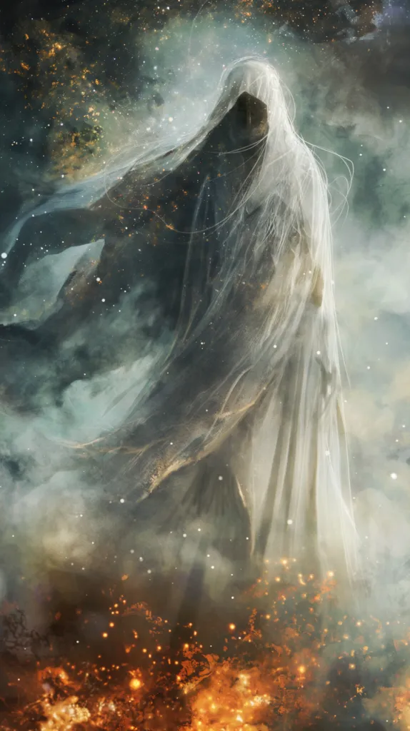 Pale Night, the Mother of Demons, veiled in her white shroud